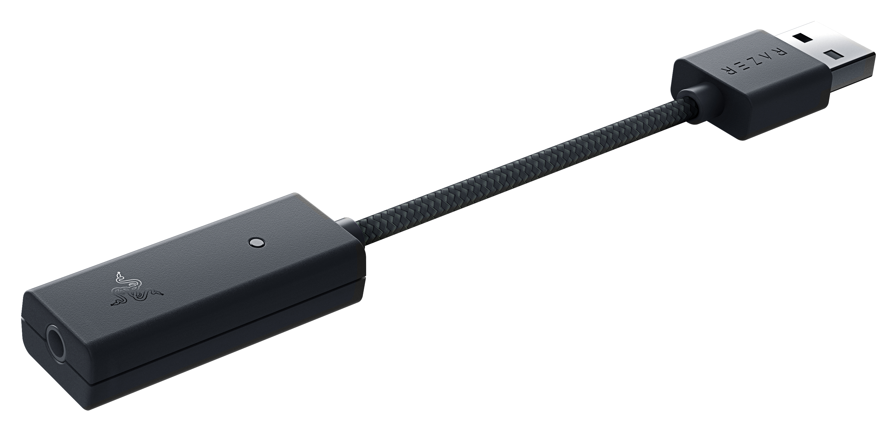 Schwarzer Razer-Audioadapter mit geflochtenem Kabel und USB-Anschluss.