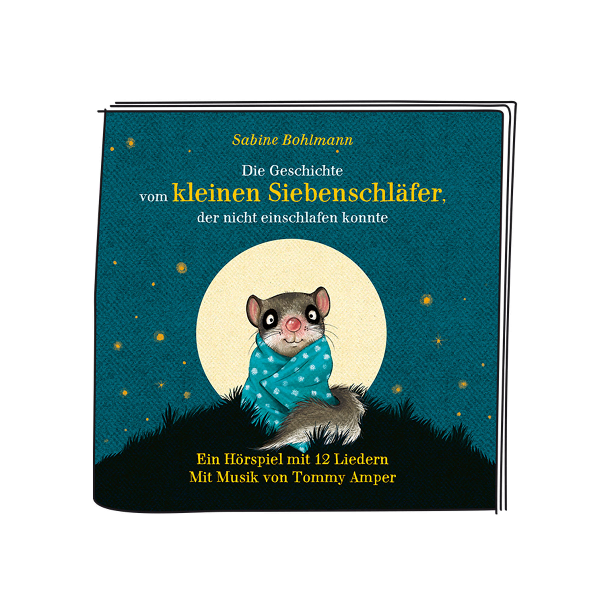 Ein Buchcover mit einer Illustration einer Haselmaus mit blauem Schal unter einem Mond. Text auf Deutsch.