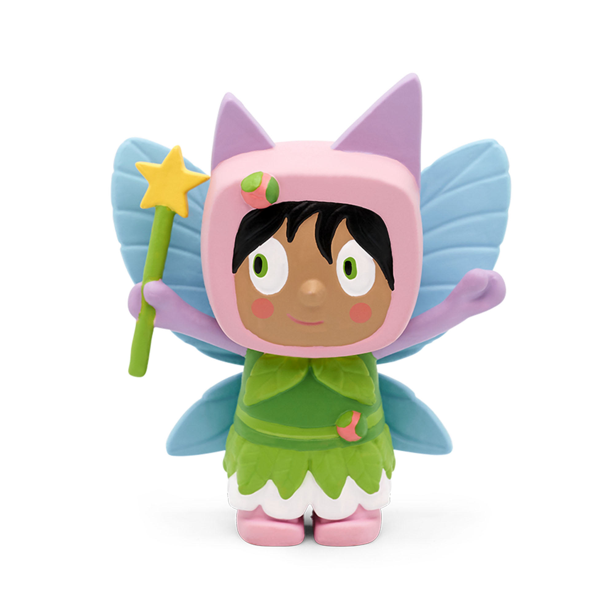 Cartoon-Feenfigur mit rosa katzenartigem Hut, grünem Kleid und blauen Flügeln, hält einen Sternenstab.