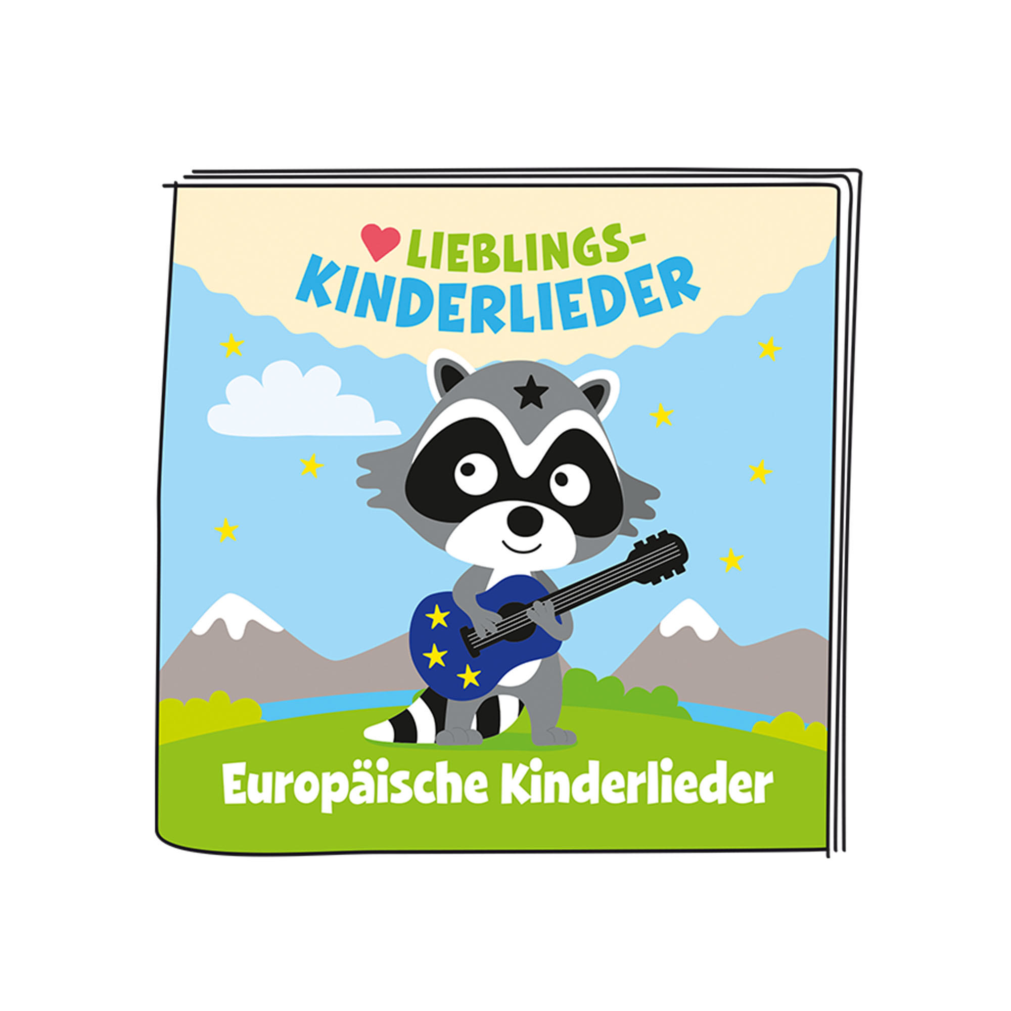 Cover eines Kinderbuchs: Waschbär spielt Gitarre mit europäischer Flagge.