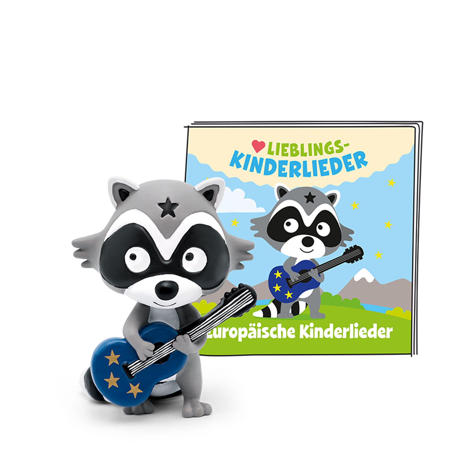 Waschbär mit Gitarre neben einem Buch. Das Buch enthält Zeichnungen eines Waschbären.