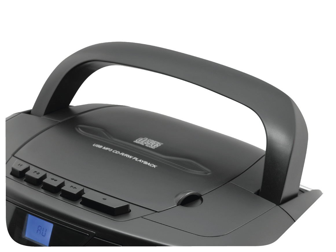 Schwarze Boombox mit Griff und Knöpfen, Nahaufnahme.