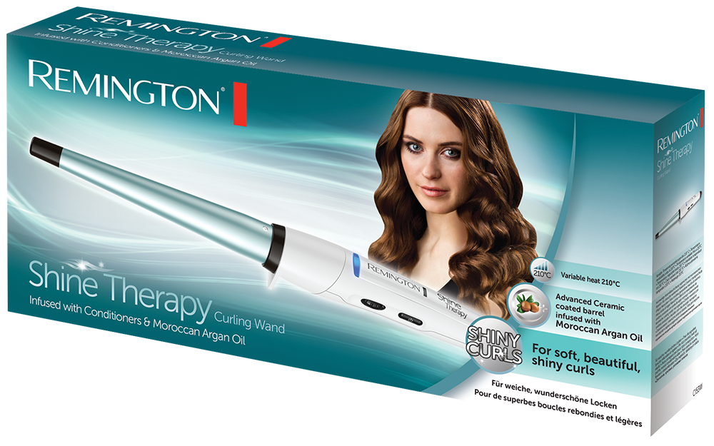 Doboz egy Remington Shine Therapy hajformázóhoz, egy nő képével.