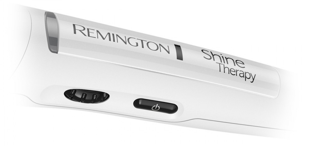 Fehér hajszárító fekete vezérlőkkel és 'Remington Shine Therapy' felirattal.