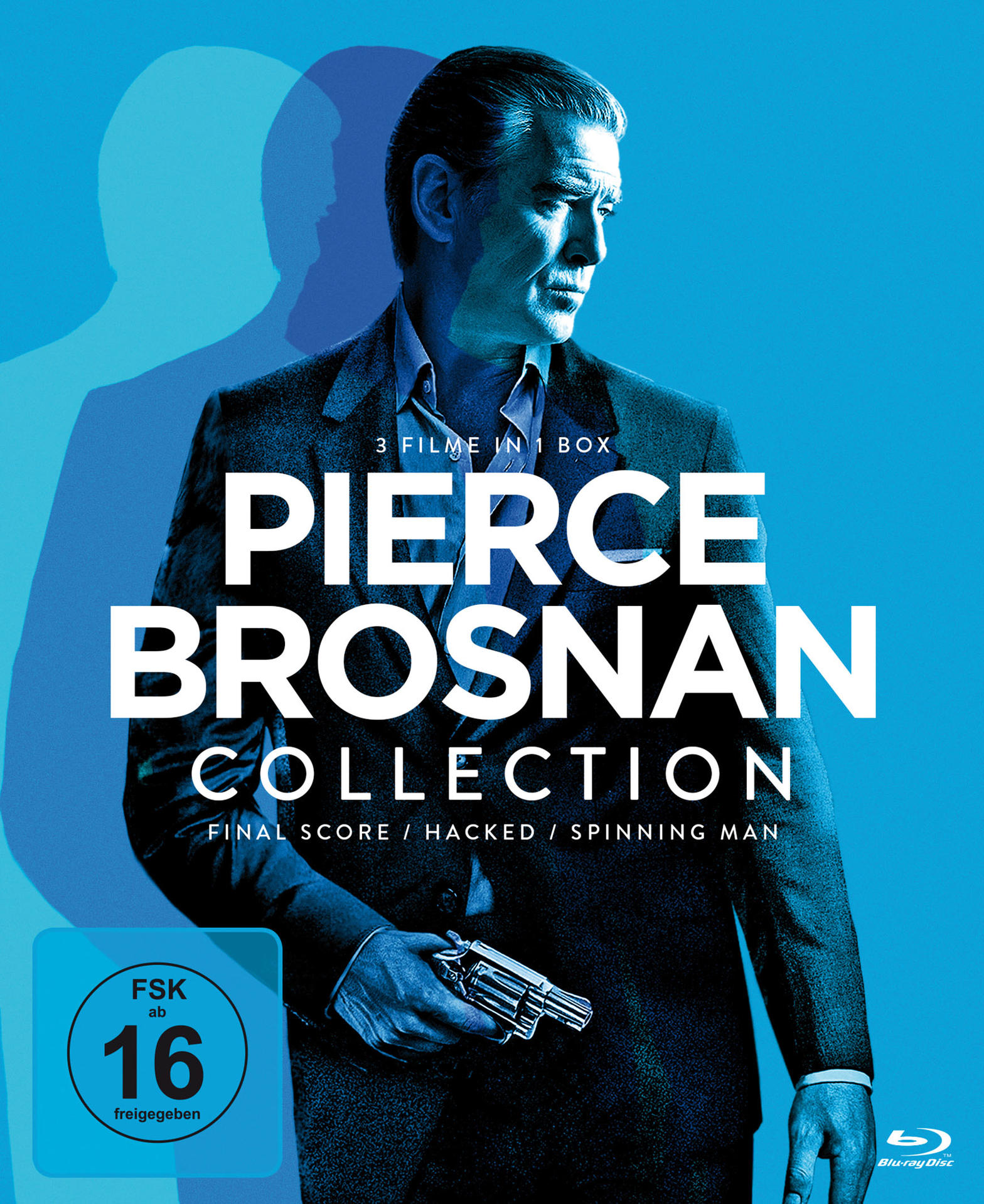 Pierce Brosnan Collection Blu-ray-Box. Brosnan im Anzug, hält eine Pistole, blauer Hintergrund, Text auf dem Cover.