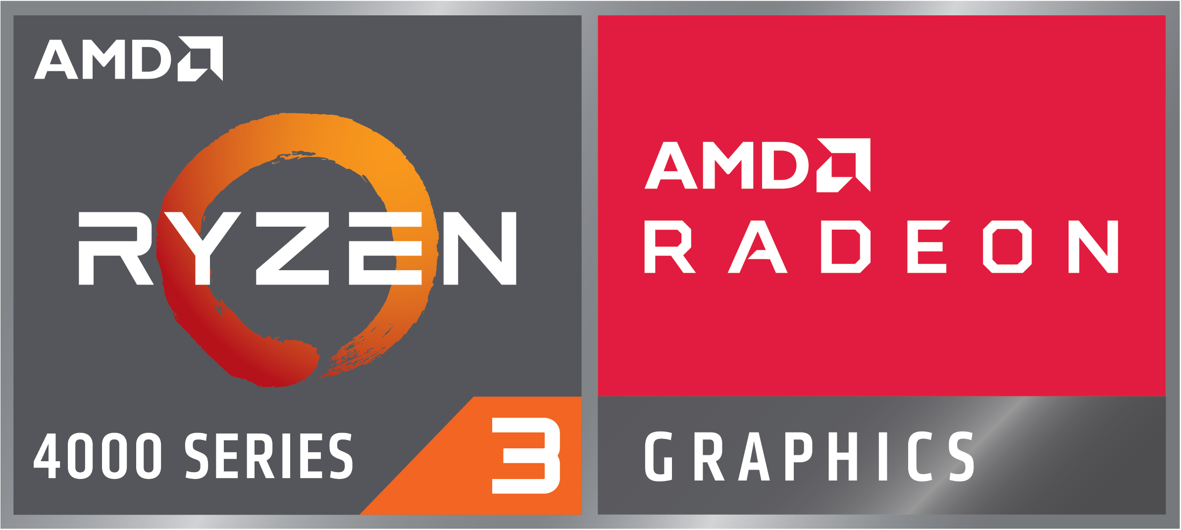 Logotipo de AMD Ryzen 3 serie 4000. Círculo naranja, texto blanco sobre fondo gris y rojo.