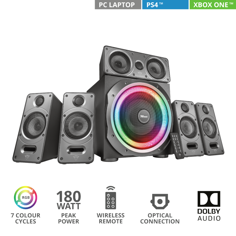 Altavoces para PC - Trust Gaming GXT 698 Torro,  5.1, 180 W, RGB Iluminado, Dolby Audio, Negro