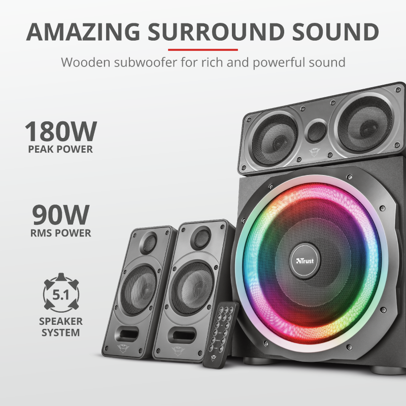 Altavoces para PC - Trust Gaming GXT 698 Torro,  5.1, 180 W, RGB Iluminado, Dolby Audio, Negro