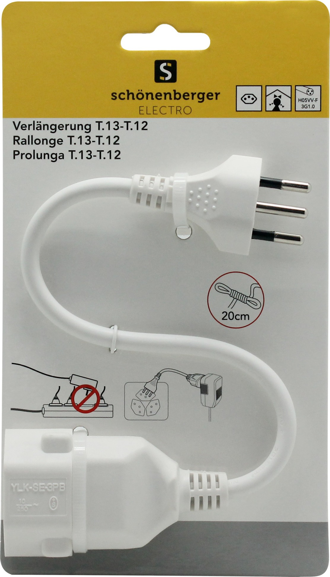 Weißes Verlängerungskabel mit Stecker und Buchse. Die Verpackung enthält Produktname und Spezifikationen.