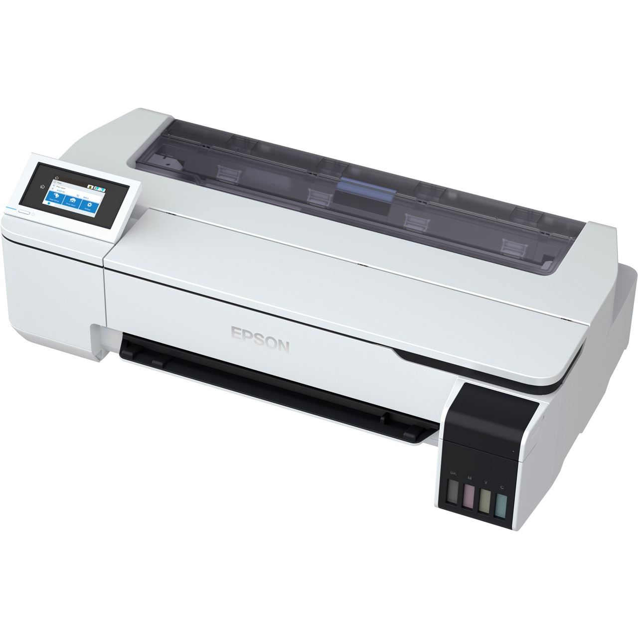 Una impresora blanca con pantalla táctil y cartuchos de tinta. Está sobre fondo blanco.