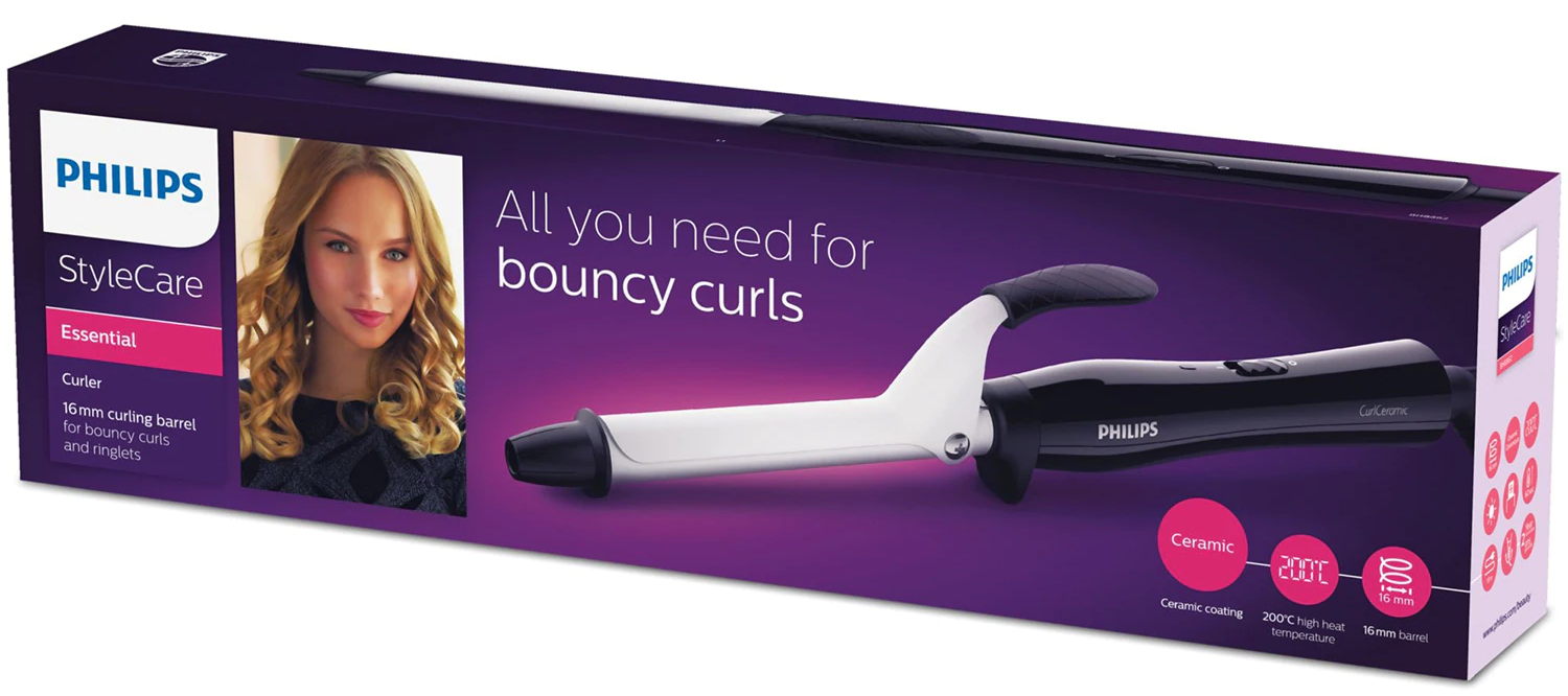 Philips hajformázó doboz: Szőke nő képe, hajformázó illusztráció, 'All you need for bouncy curls' felirattal.