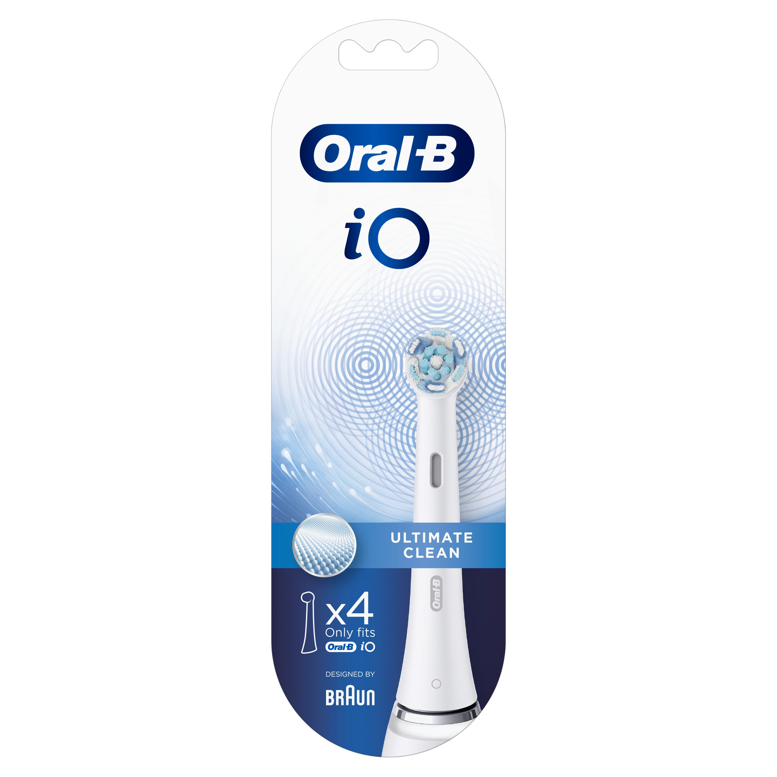 An Oral-B iO toothbrush head in a package. The head is white and blue.