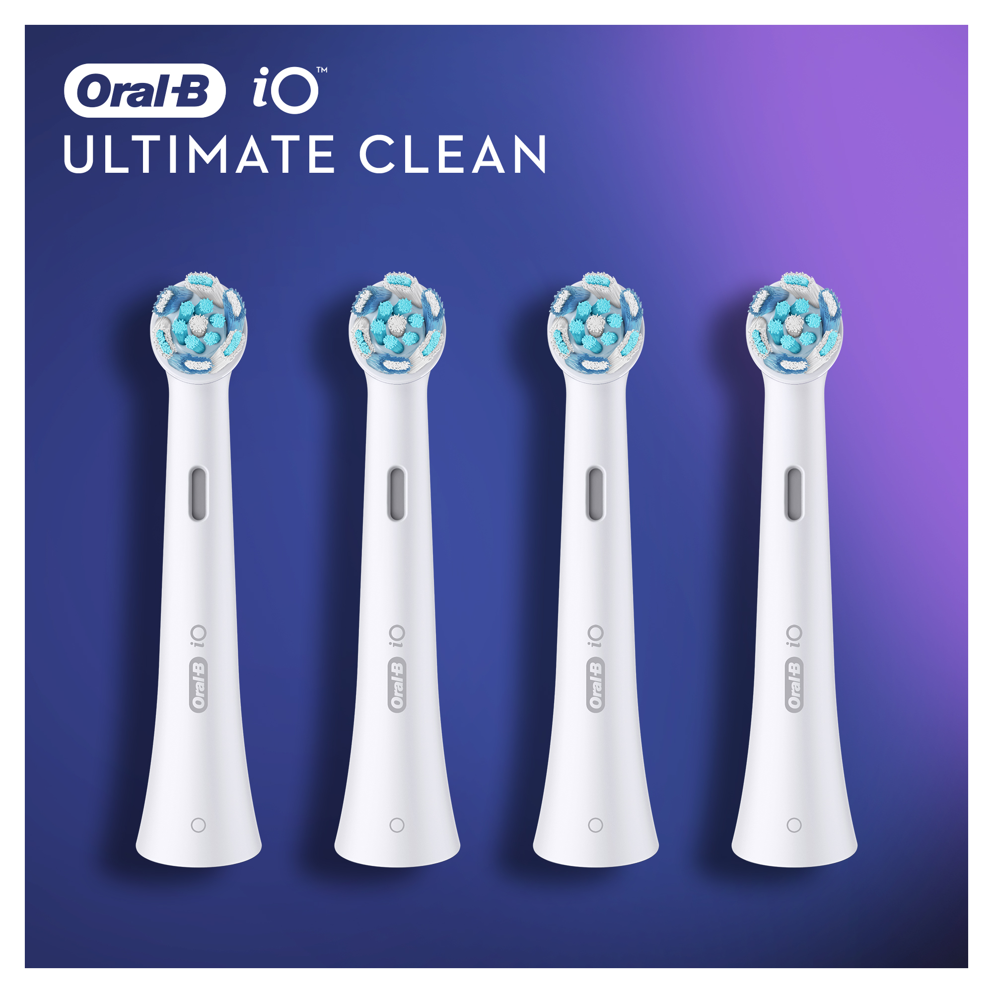 Four Oral-B iO Ultimate Clean toothbrush heads on a purple background.