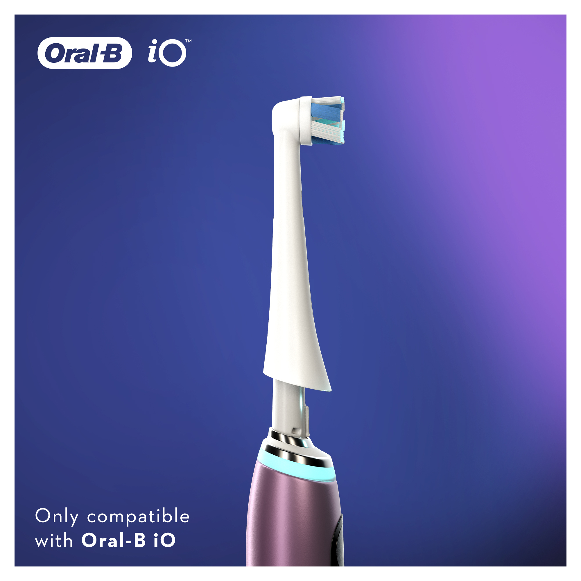 Oral-B iO toothbrush head, white with blue bristles, on a purple gradient background.