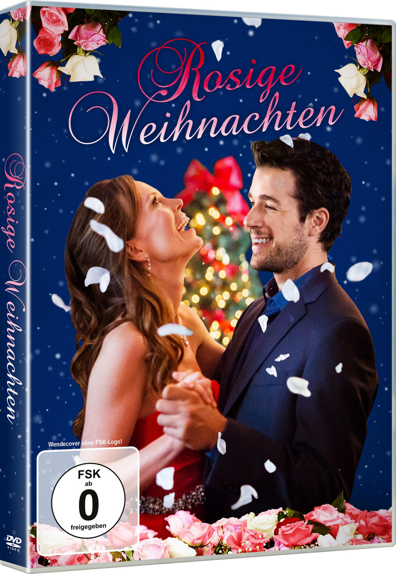 Filmcover von 'Rosige Weihnachten' mit tanzendem Paar vor einem Weihnachtsbaum.