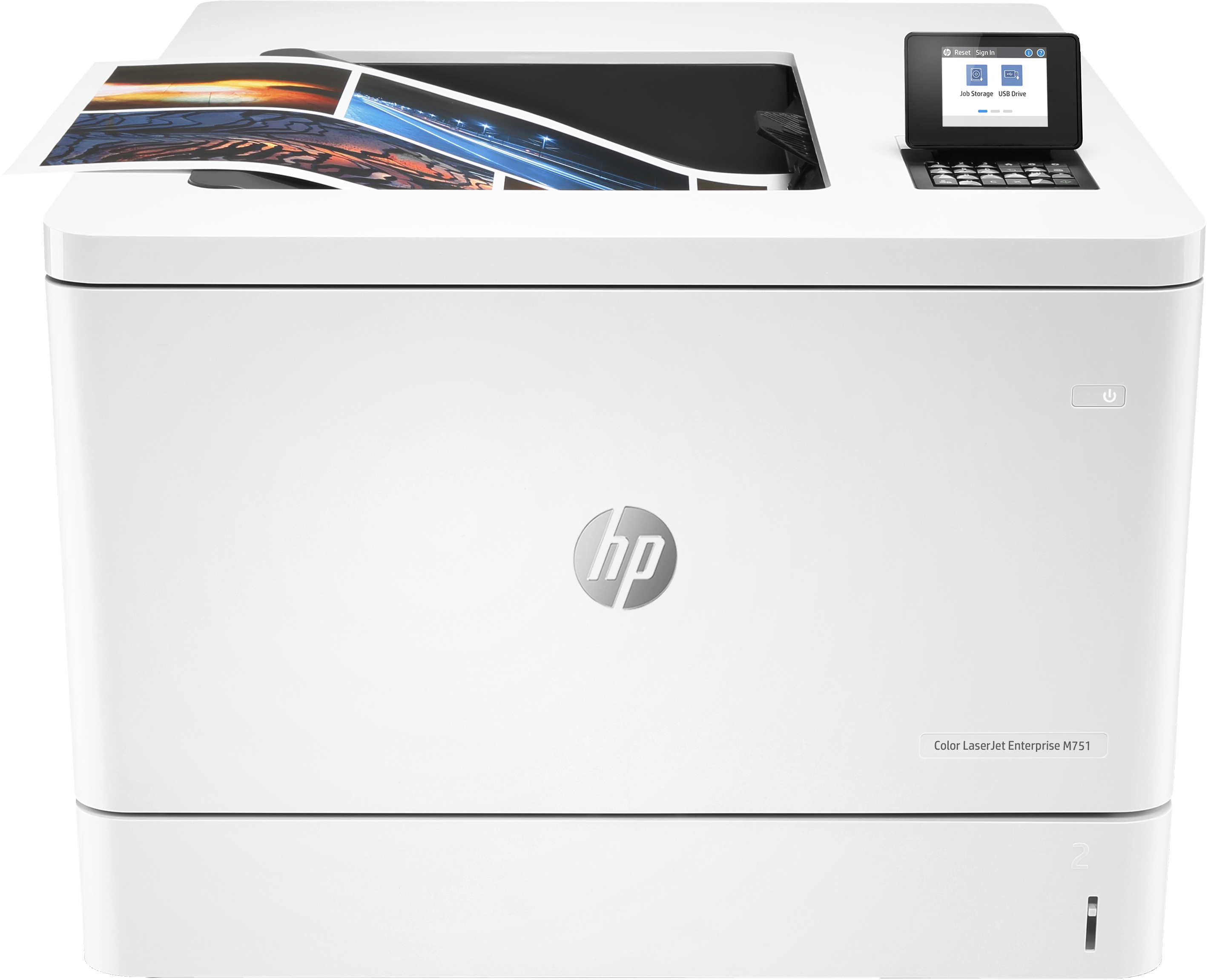 Ein weißer HP Farblaserdrucker mit einem kleinen Touchscreen-Display oben. Papier ist innen zu sehen.