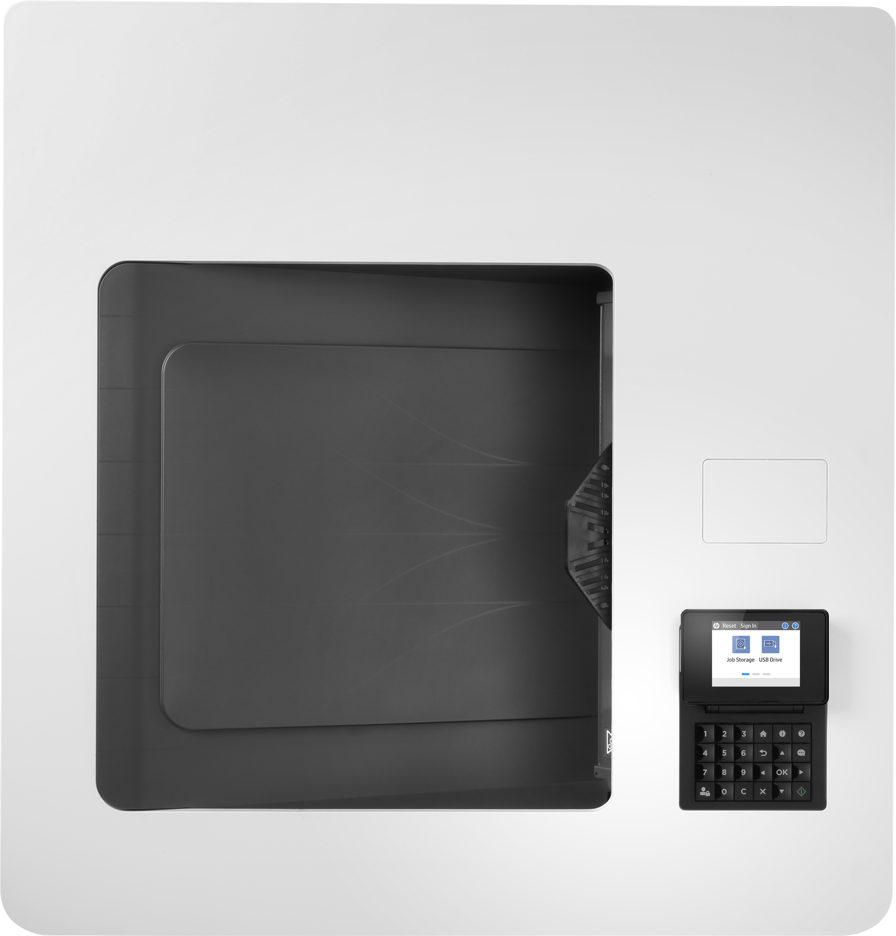Drucker. Draufsicht, weißes Gehäuse, schwarze Oberseite, kleiner Bildschirm mit Ziffernblock. Modernes Design.