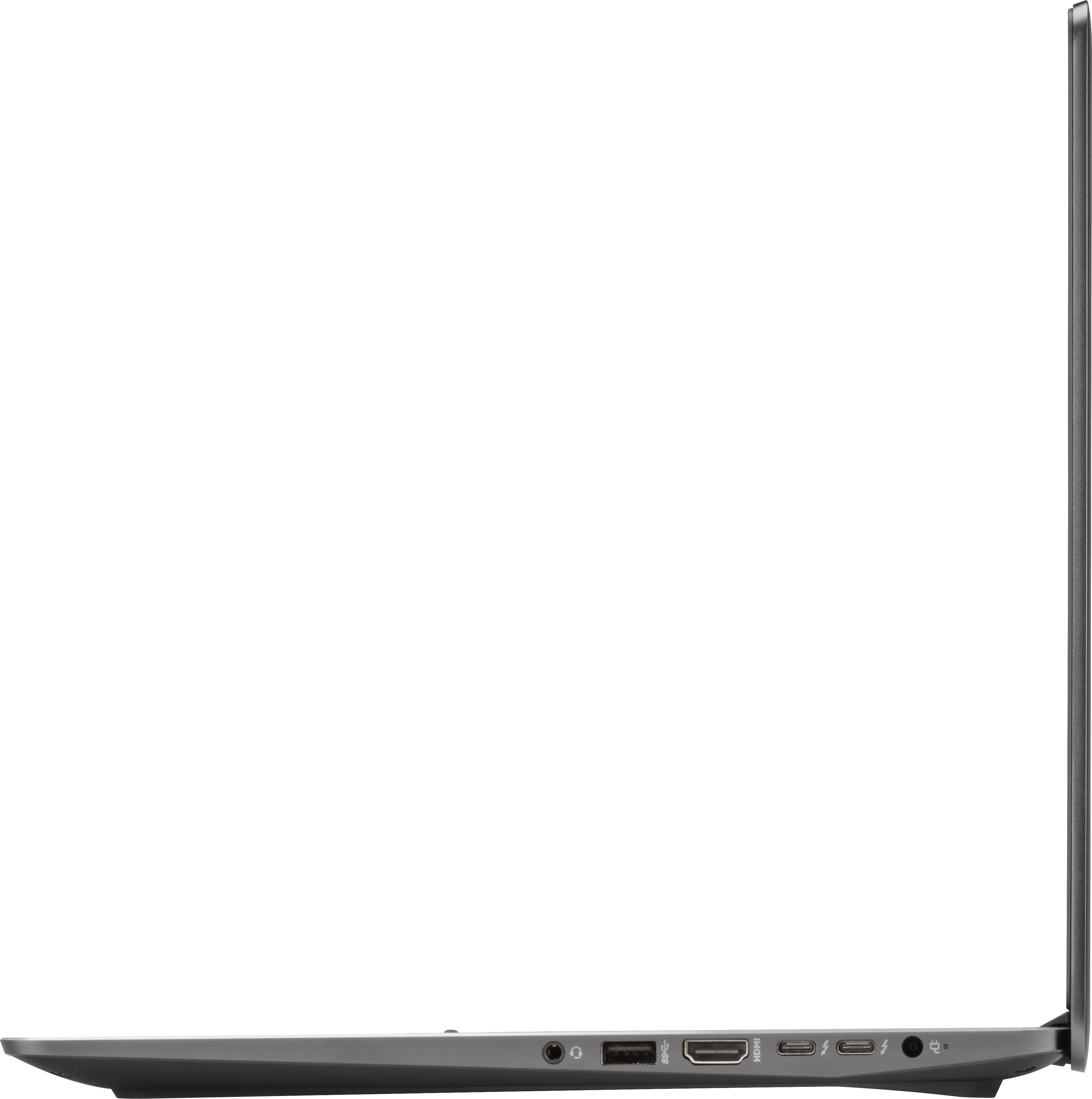 Ein Laptop von der Seite, zeigt Anschlüsse und das Seitenprofil.