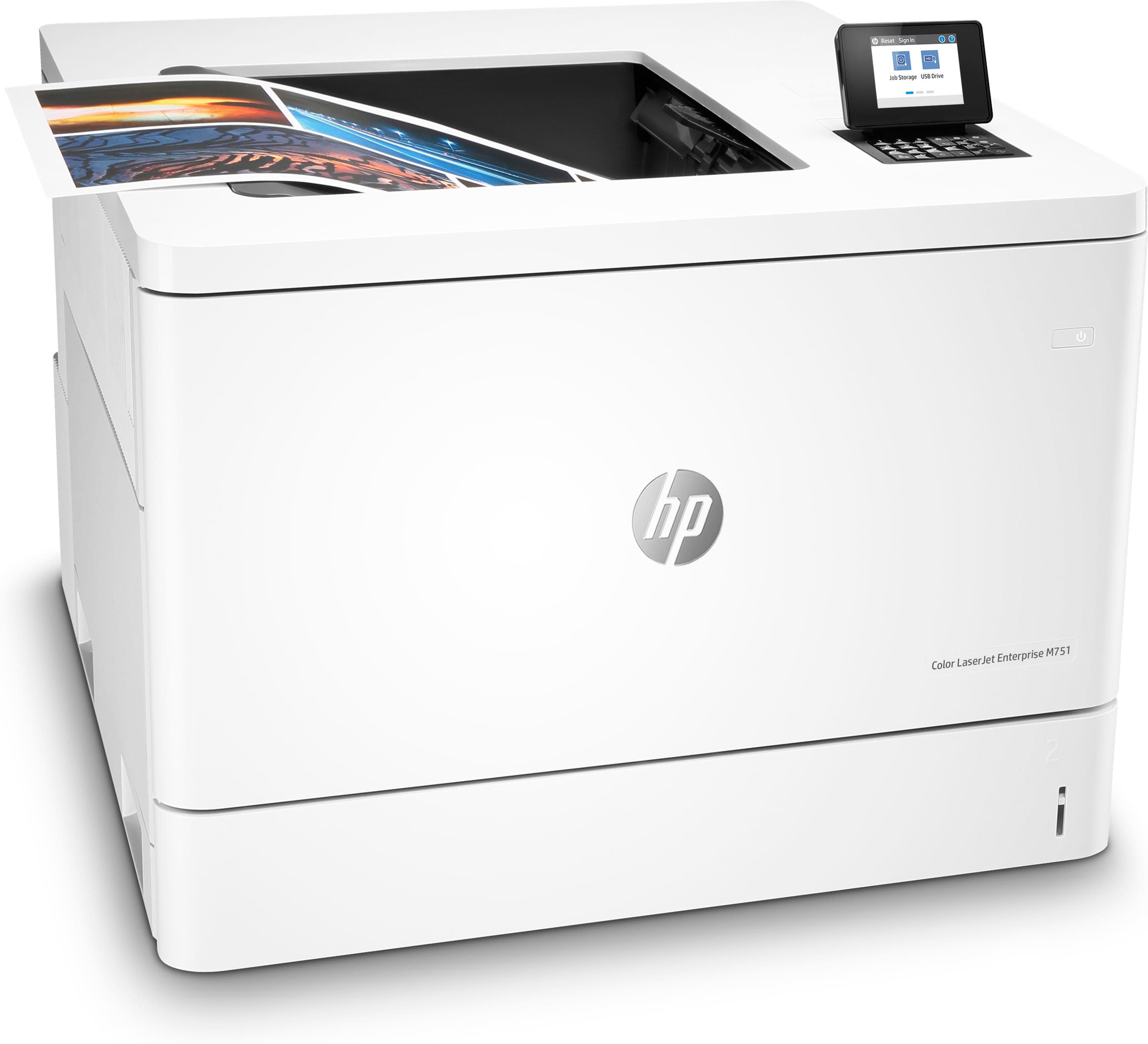Weißer Drucker mit HP-Logo. Der Drucker hat einen Touchscreen und druckt Fotos. Weißer Hintergrund.