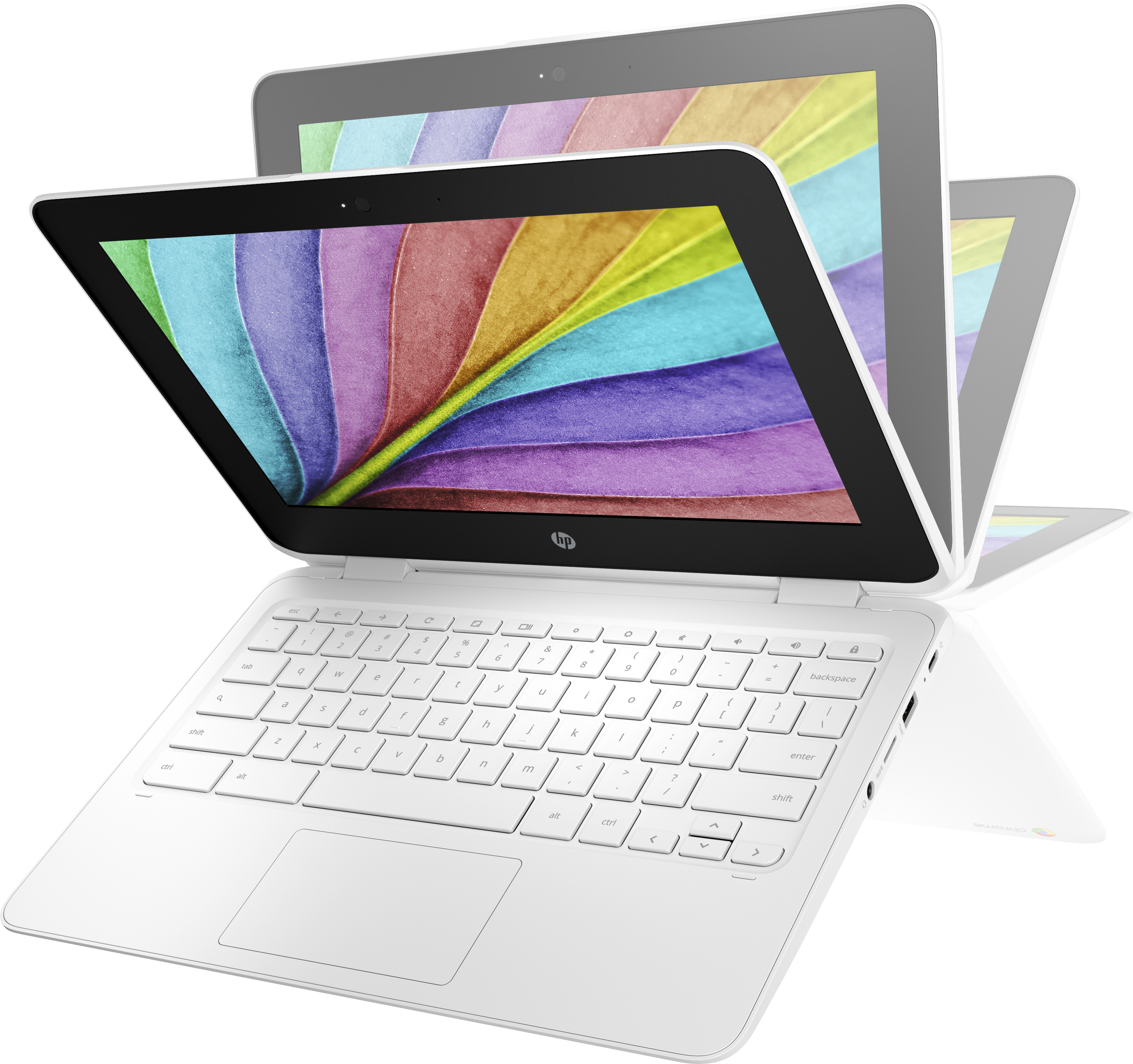 Laptop HP blanco con pantalla de arcoíris colorido, vista en ángulo.