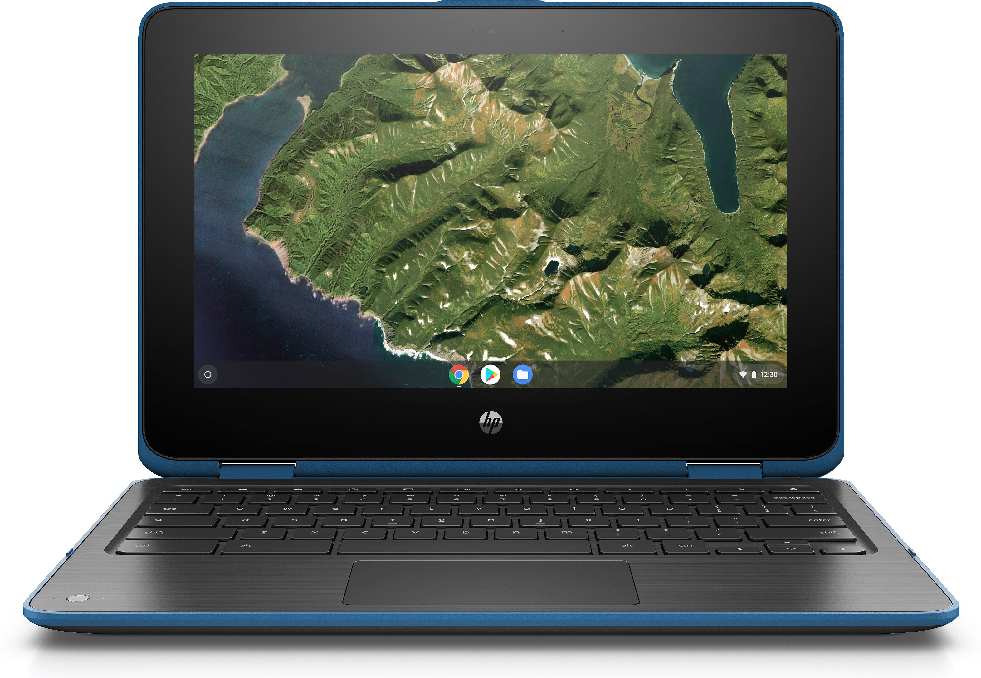 Portátil HP Chromebook azul y negro abierto, pantalla mostrando un mapa.