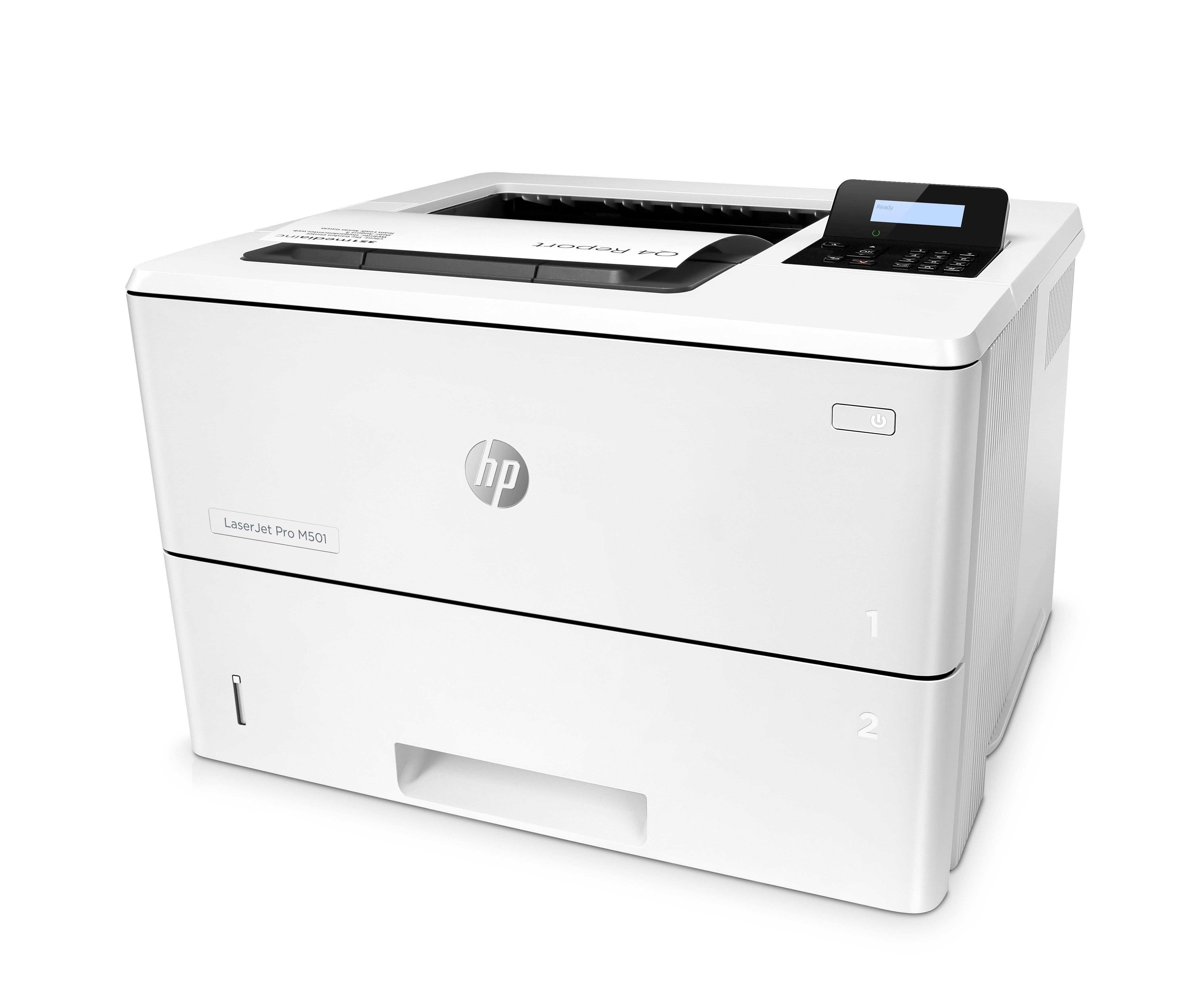 Beyaz HP Laserjet Pro M501 yazıcı, belge çıkış tepsisi görünür durumda.