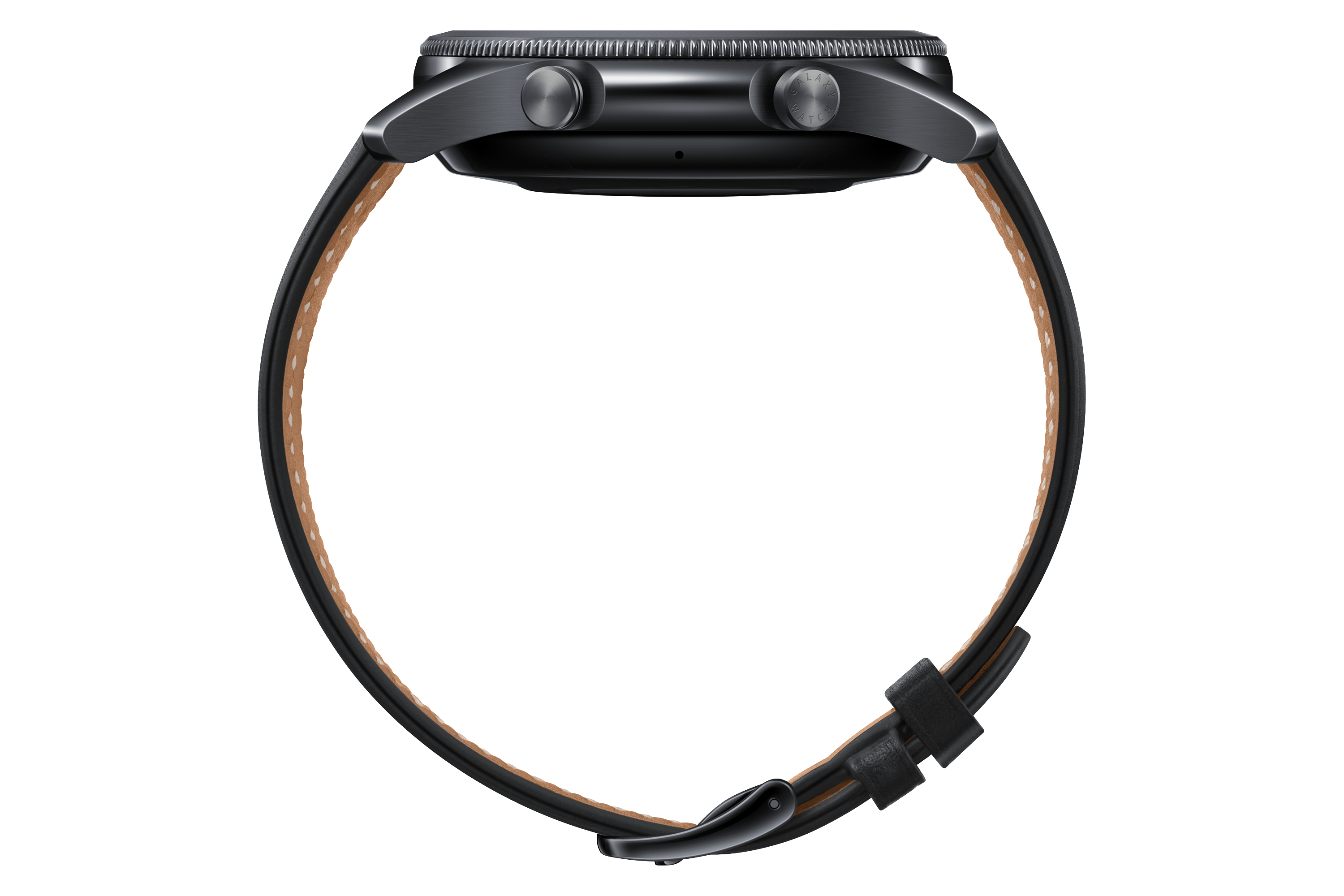 Seitenansicht einer schwarzen Samsung Galaxy Watch 3 mit einem schwarzen Lederarmband.