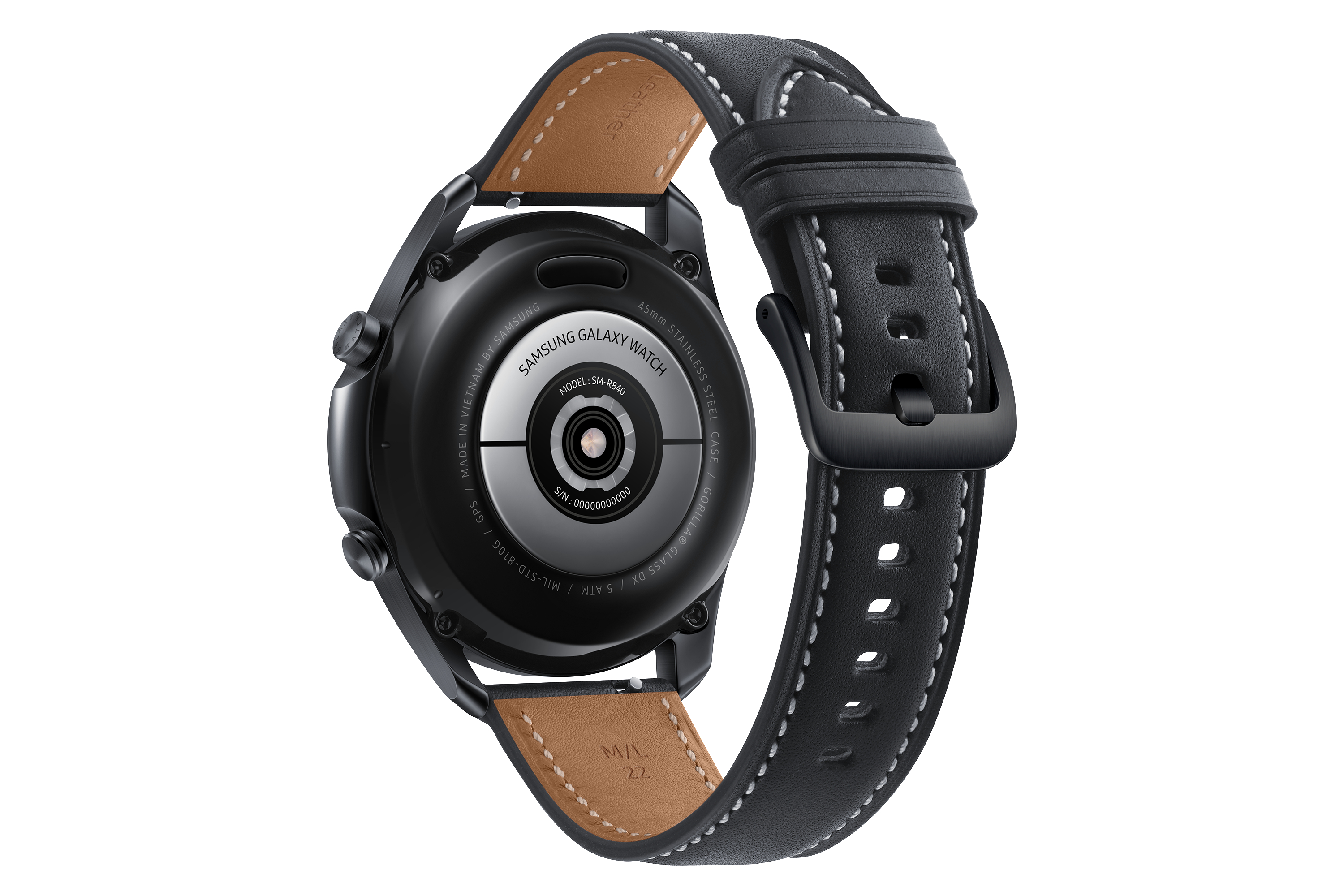 Schwarze Samsung Galaxy Watch mit schwarzem Lederarmband, Rückseite gezeigt.