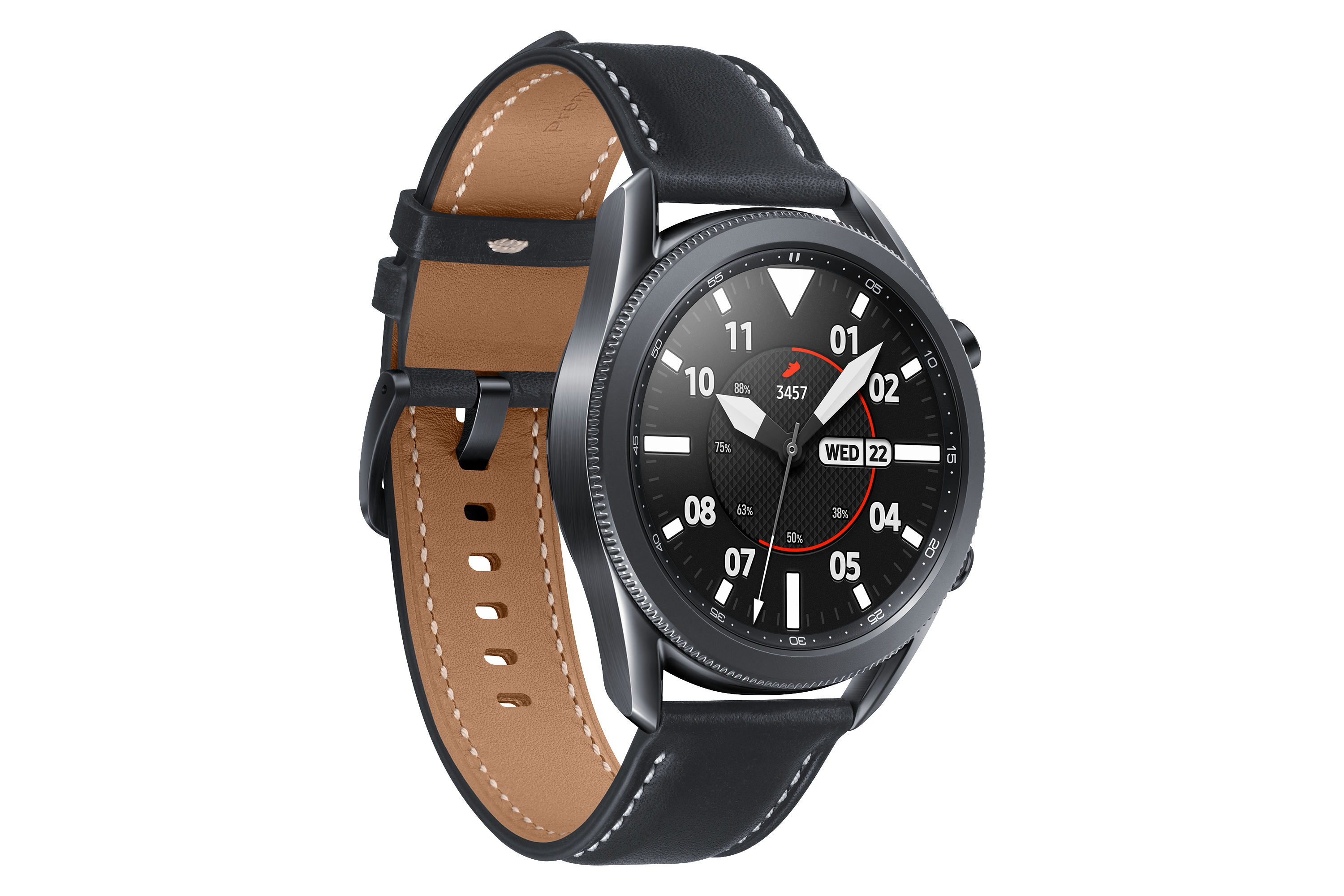 Schwarze Smartwatch an einem schwarzen Lederarmband vor weißem Hintergrund.