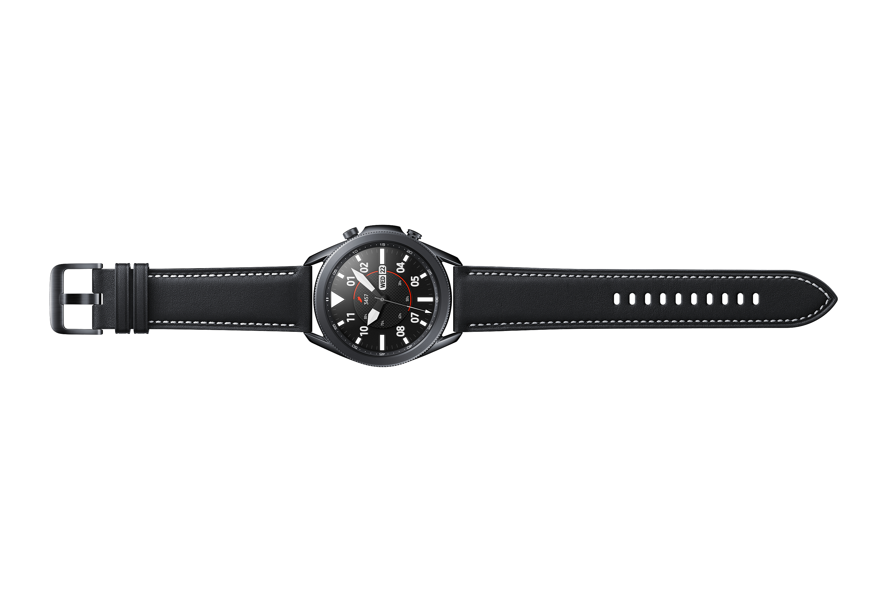 Eine schwarze Smartwatch mit schwarzem Lederarmband auf weißer Oberfläche. Die Uhr zeigt das Datum.