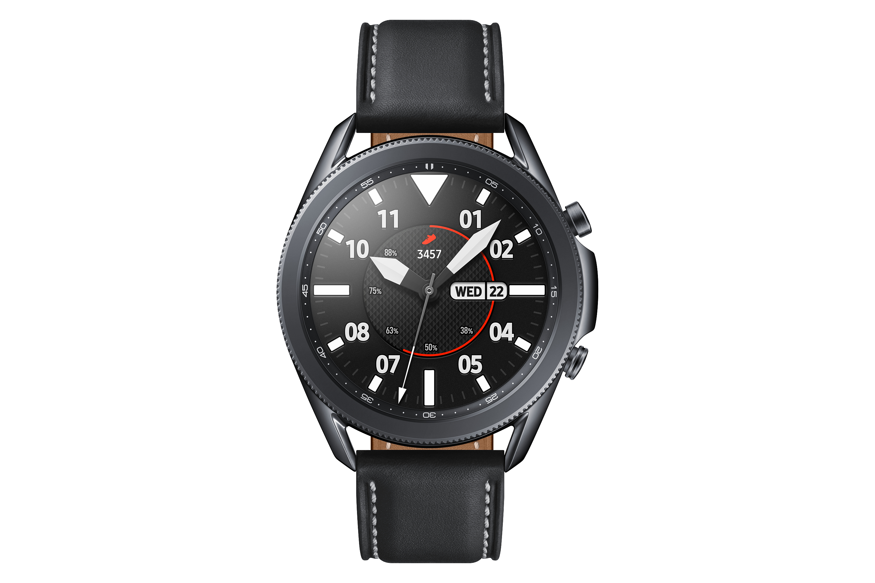 Eine schwarze Samsung Galaxy Watch 3 mit schwarzem Lederarmband. Das Zifferblatt zeigt das Datum.