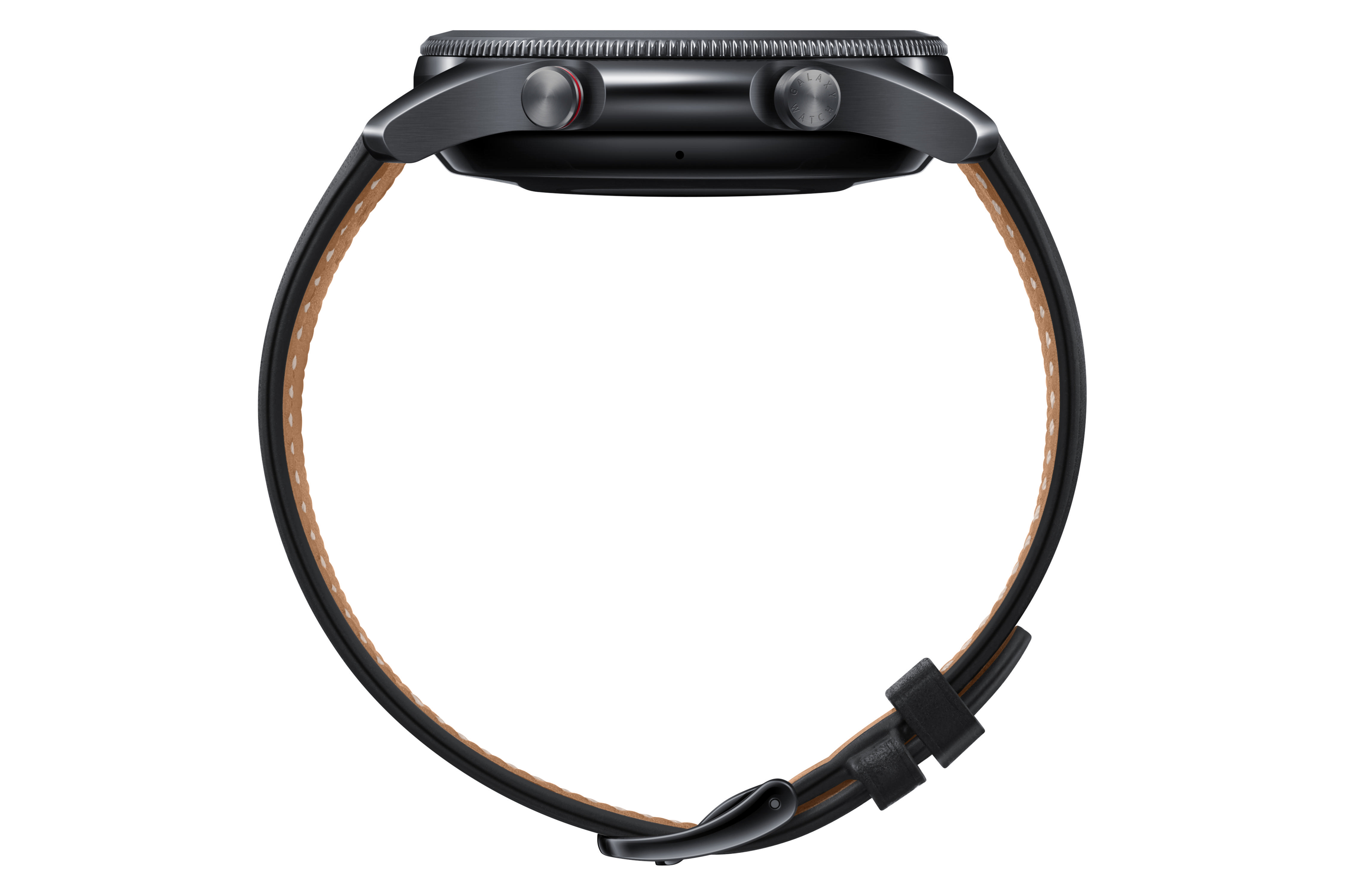Eine schwarze Samsung Galaxy Watch, Seitenansicht, mit schwarzem Armband und braunem Lederakzent.