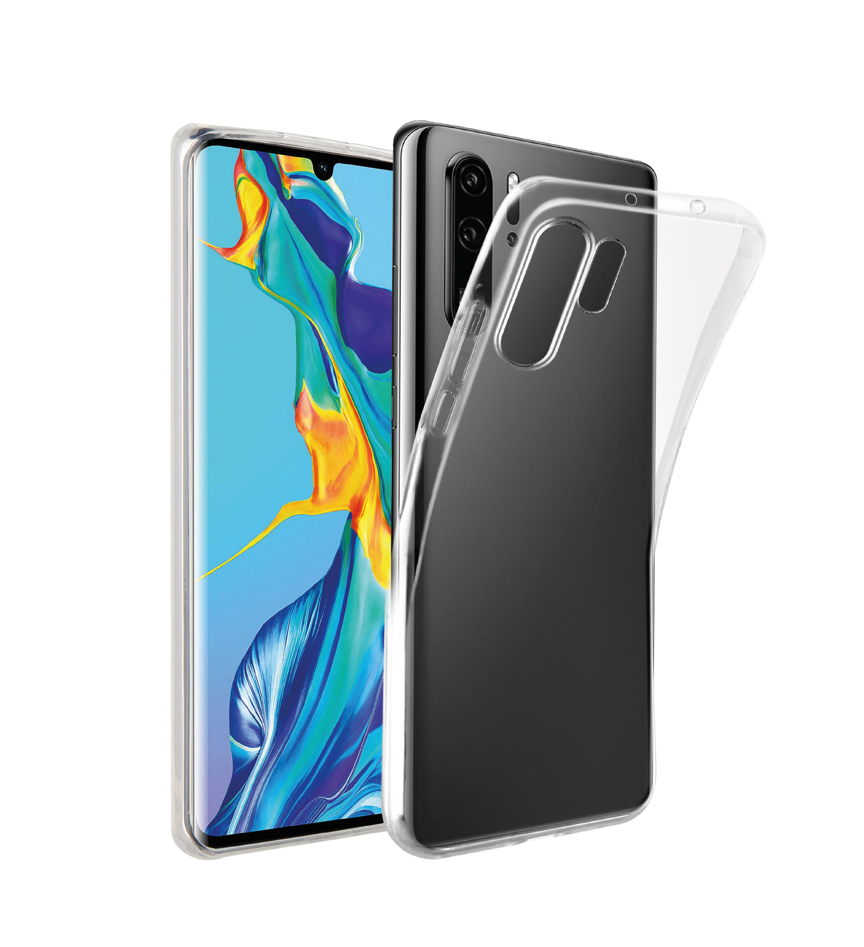 Telefon mit durchsichtiger Hülle auf schwarzem Telefon.