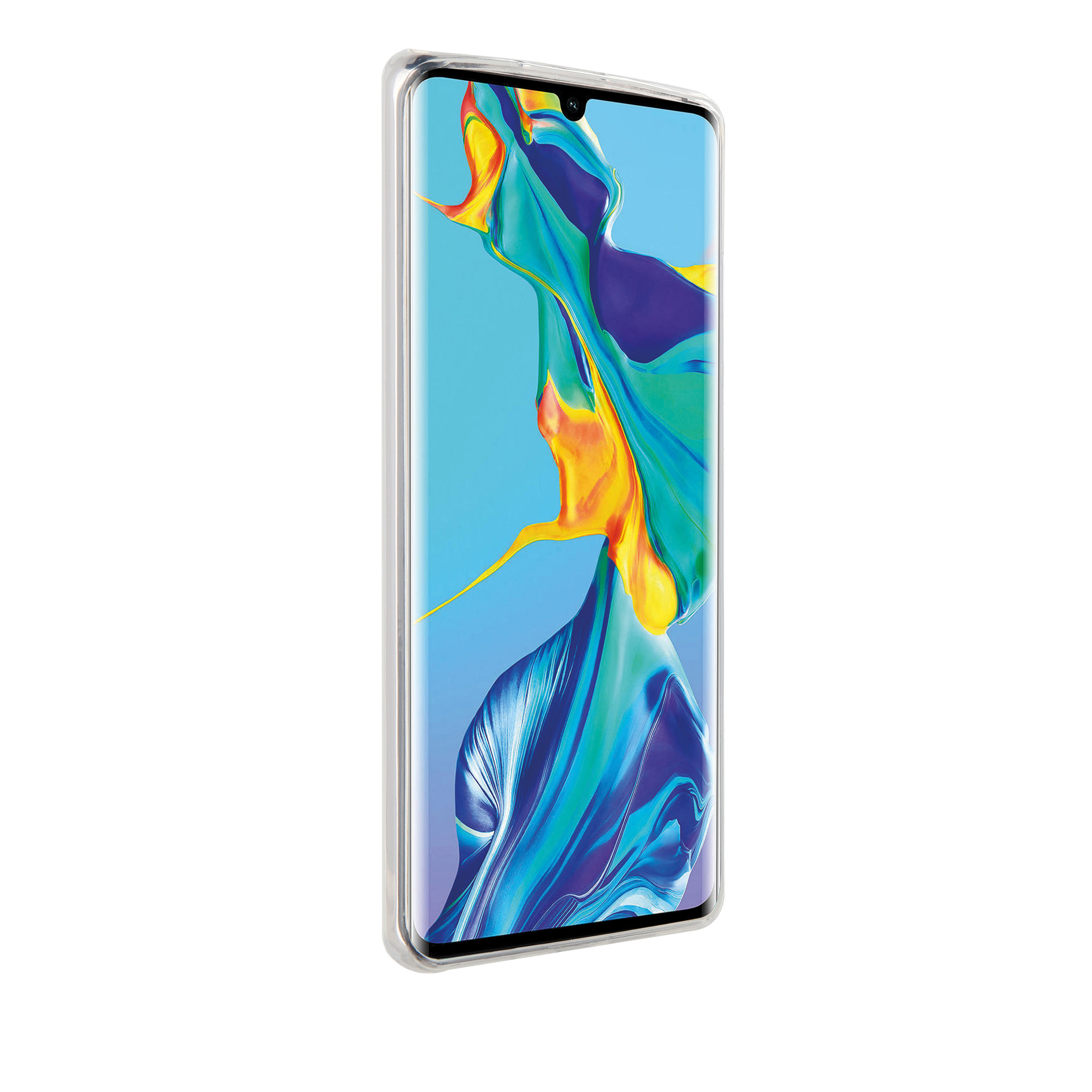 Ein Smartphone mit farbenfrohem Display in einer durchsichtigen Hülle.