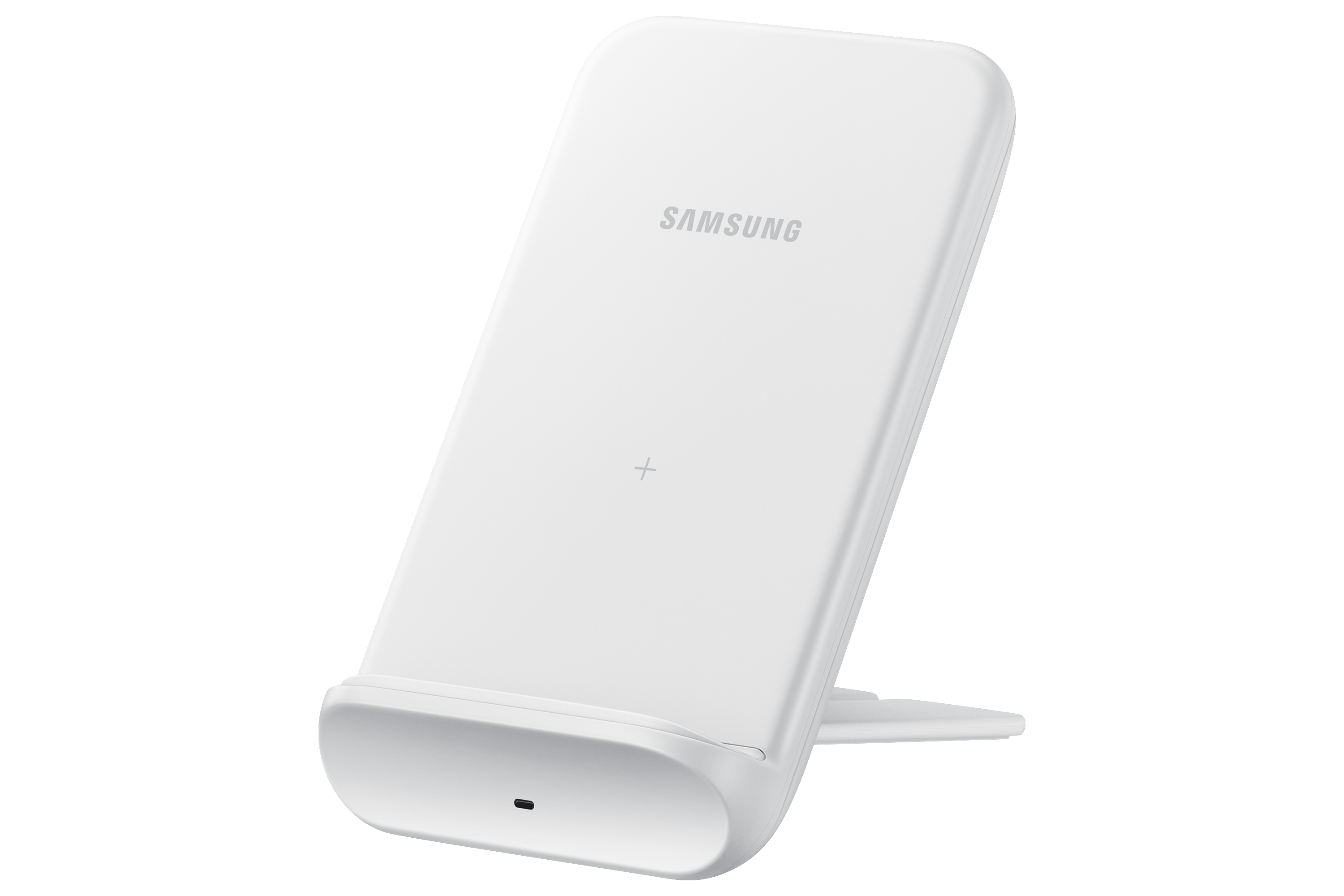 Weißes kabelloses Samsung-Ladegerät mit einem Pluszeichen in der Mitte.