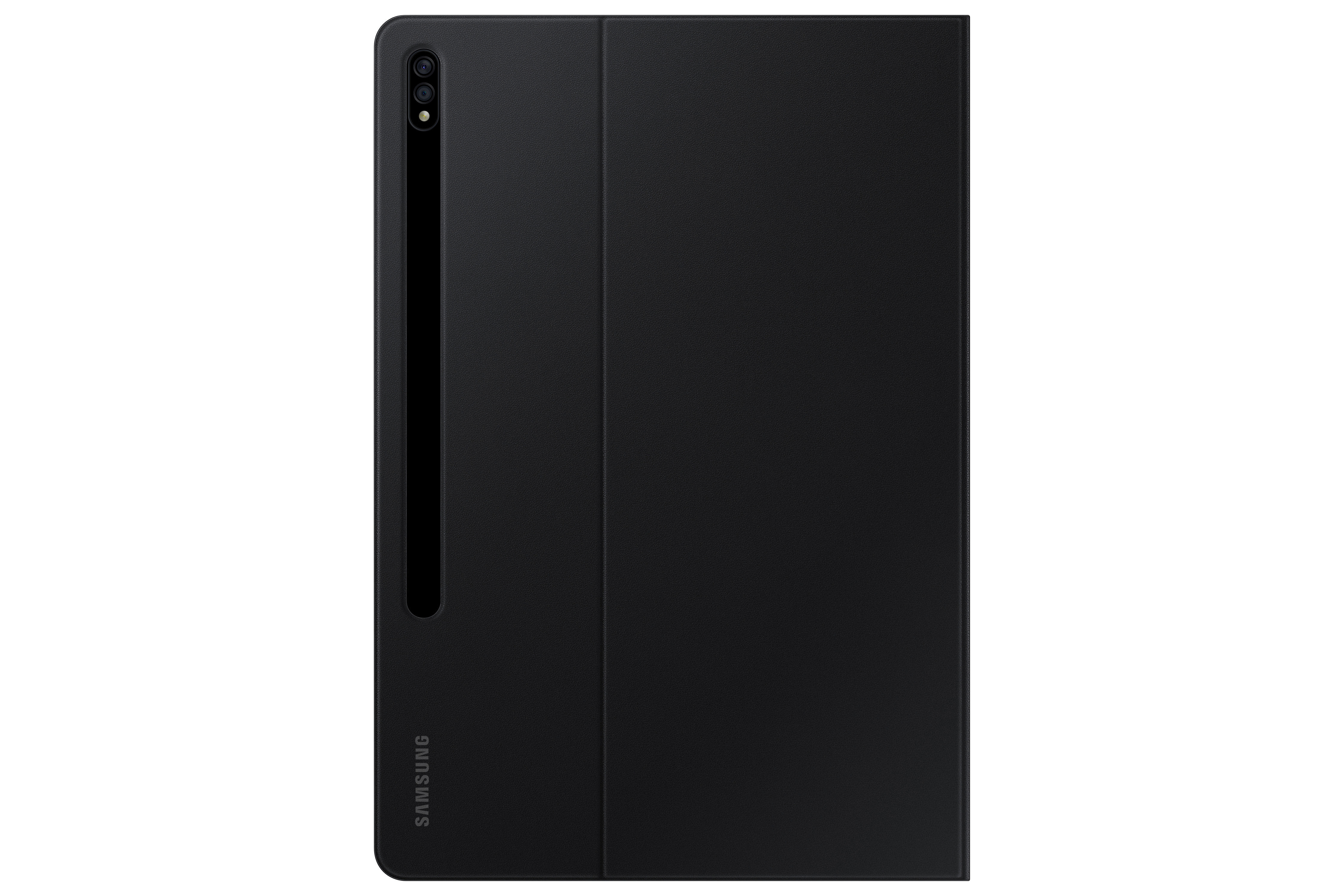 Schwarze Tablet-Hülle mit Samsung-Logo in geschlossenem Zustand auf weißem Hintergrund.