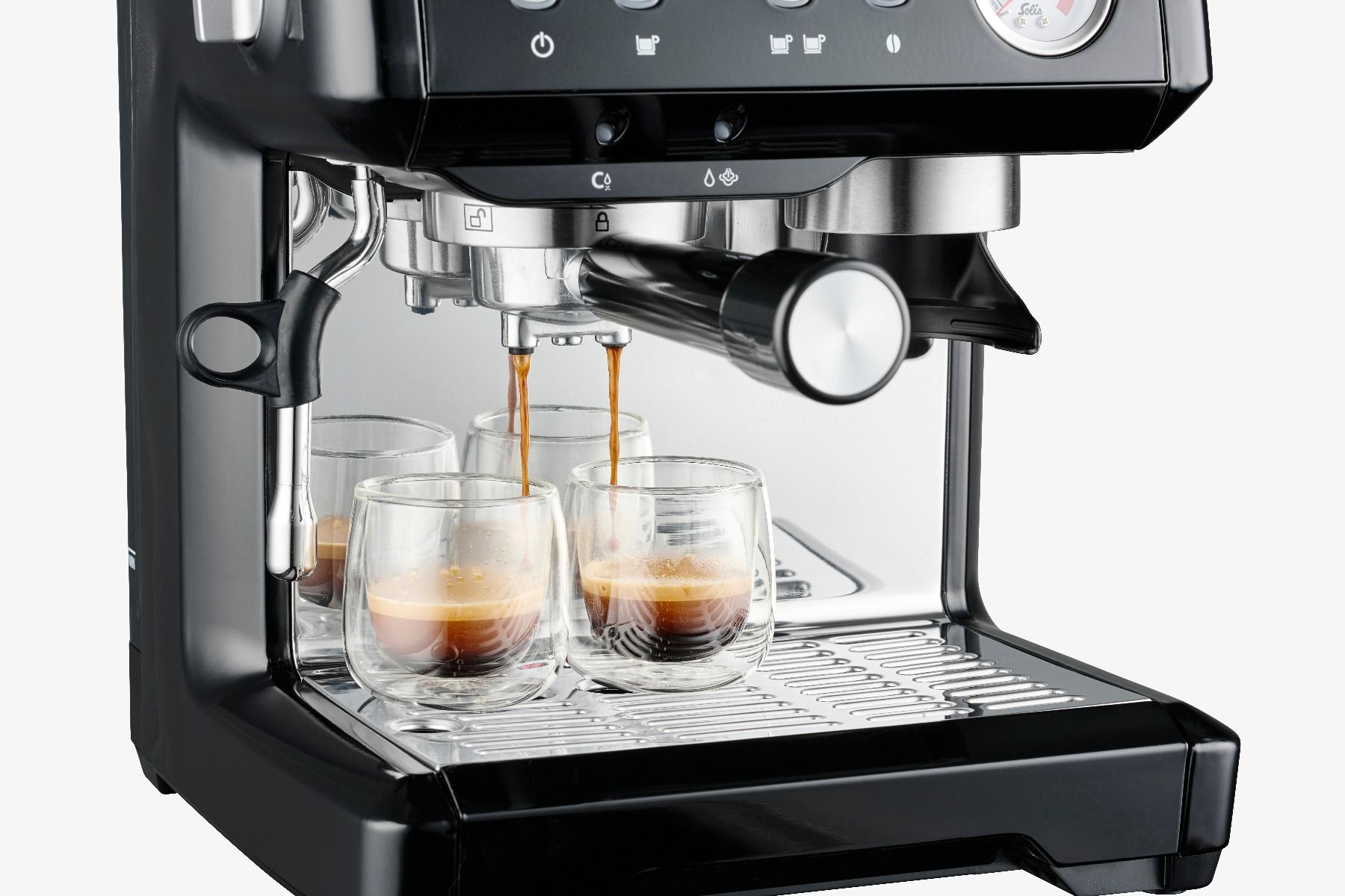 Espresso machine, black with silver accents, pouring coffee into glasses.