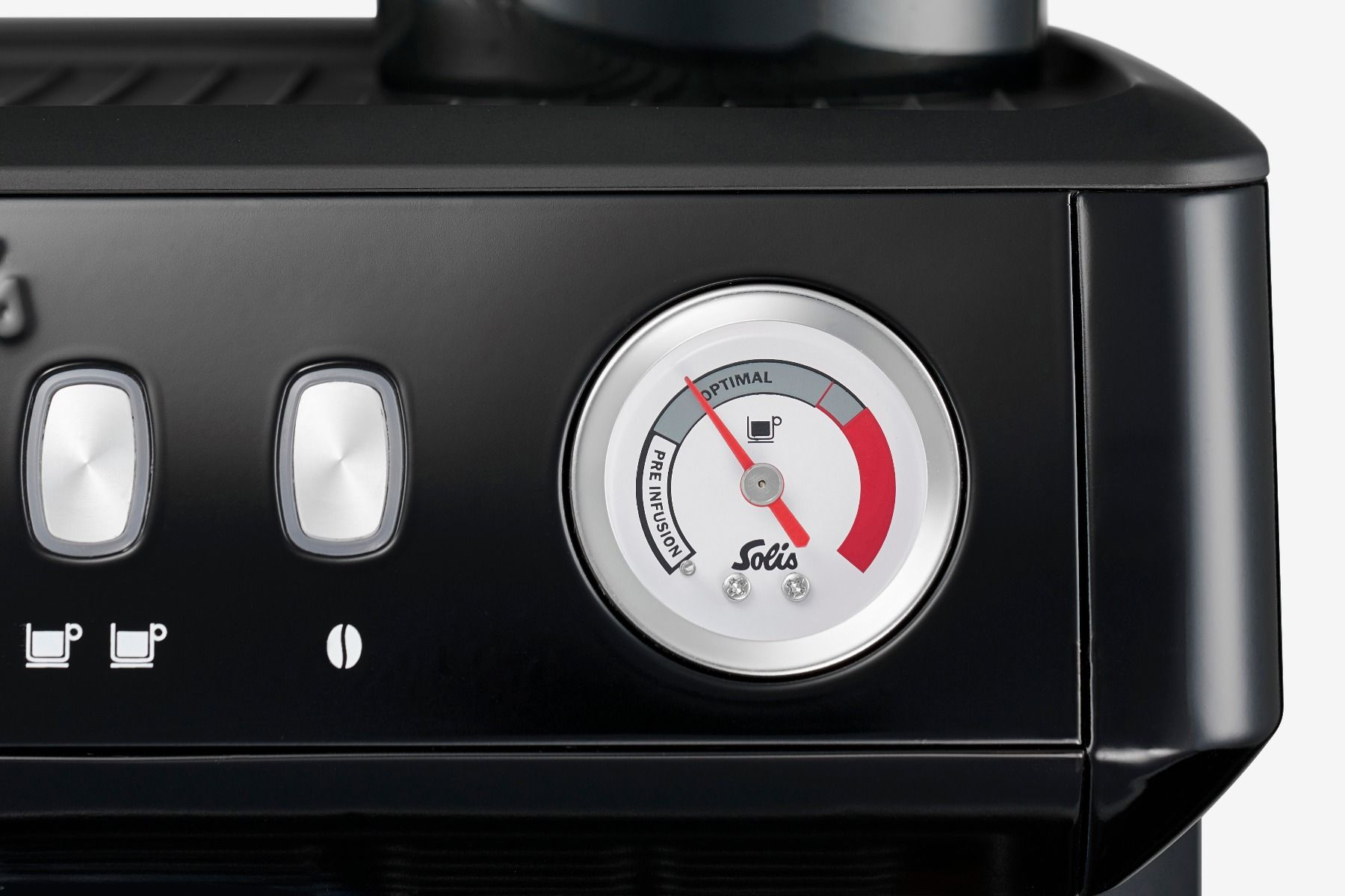 Close-up of a black coffee machine front with a gauge and buttons.
