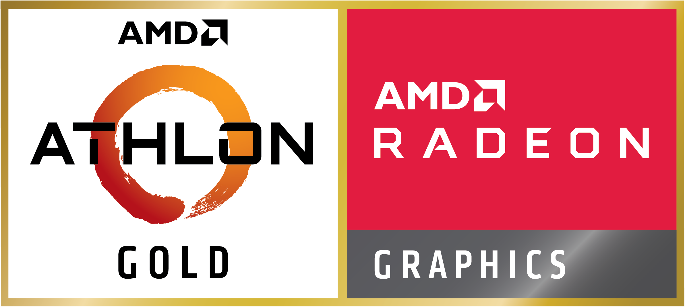 Logo AMD Athlon Gold. Pomarańczowe koło, biały tekst na białym tle i czerwone Radeon Graphics.