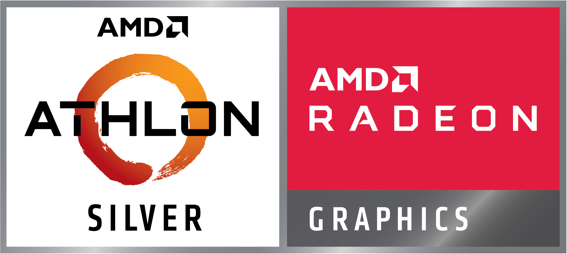 AMD Athlon Silver Logo. Oranger Kreis, weißer Text auf weißem Hintergrund und rotes Radeon Graphics.