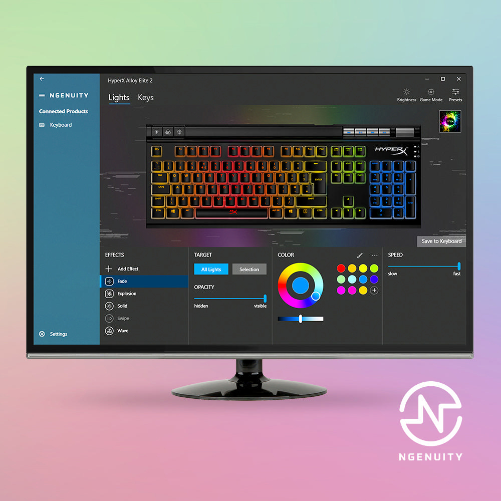 Computermonitor, der die Benutzeroberfläche zur Konfiguration der HyperX Alloy Elite 2-Tastatur anzeigt. Bunte Lichter sind sichtbar.