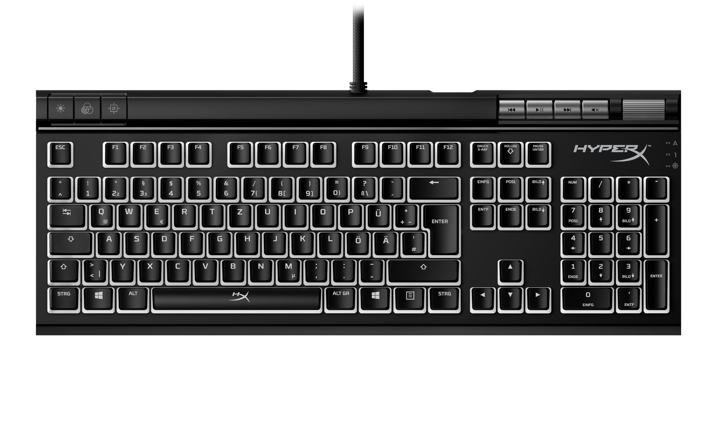 Schwarze mechanische Tastatur mit weiß beleuchteten Tasten und HyperX-Logo, weißer Hintergrund.