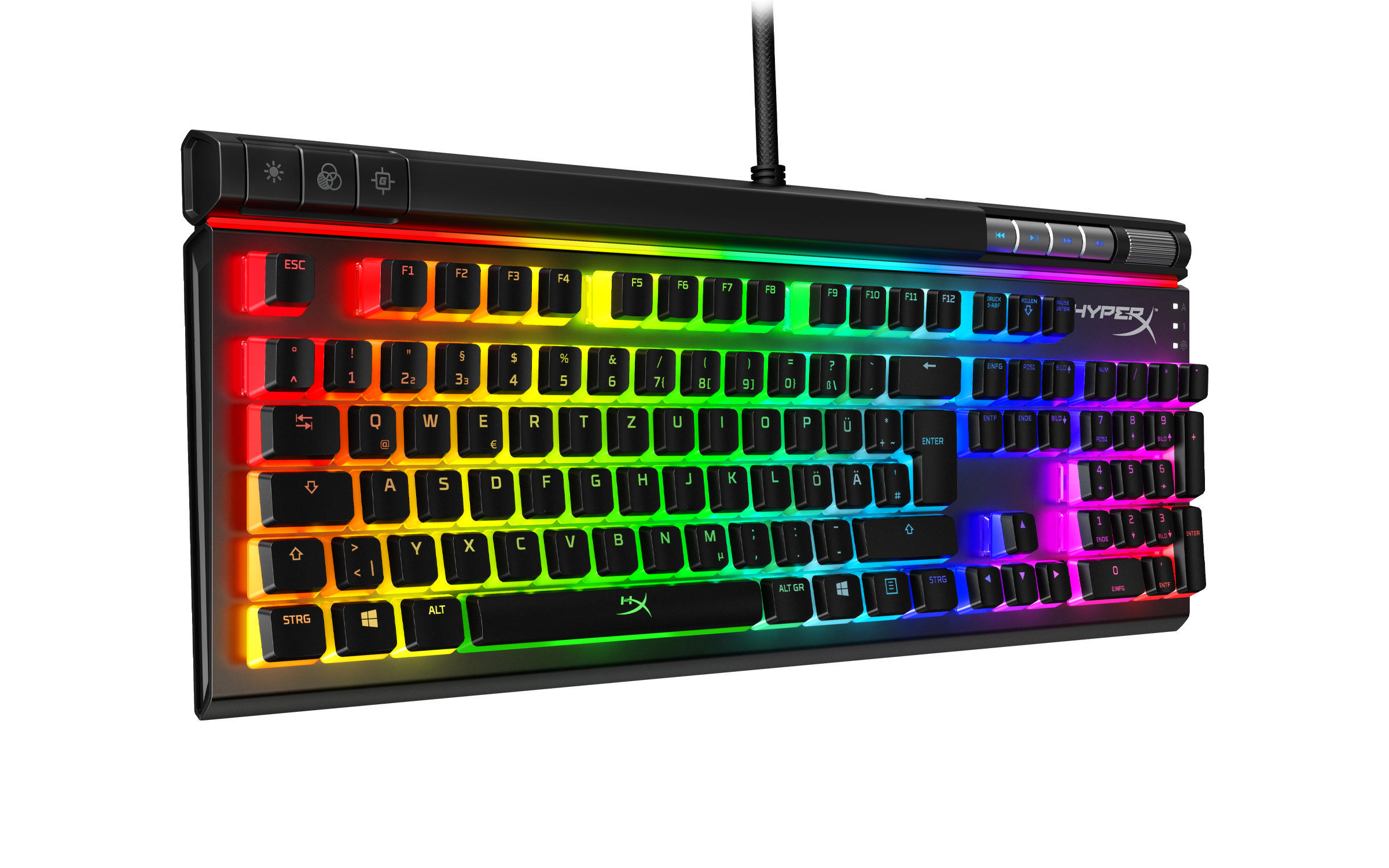 Gaming-Tastatur mit Regenbogen-LED. Schwarze Tastatur mit vielen Tasten und einem Kabel.
