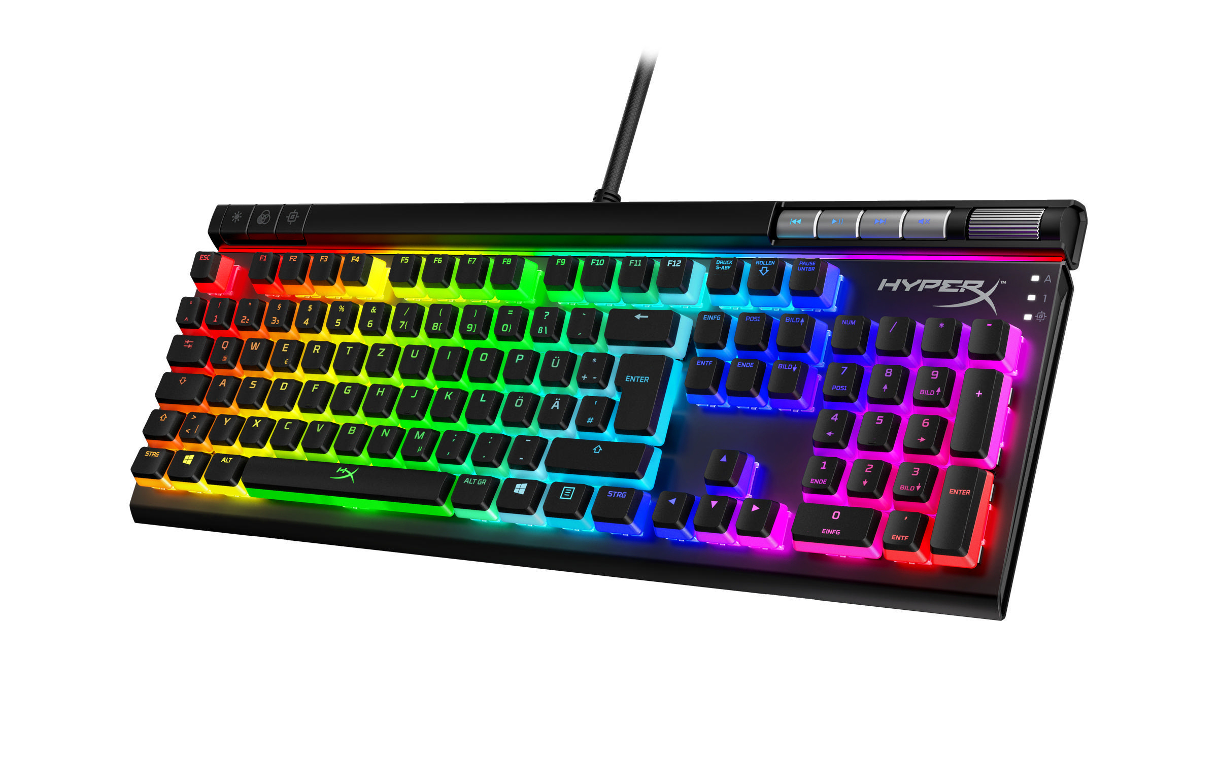 Schwarze Tastatur mit Regenbogenbeleuchtung. HYPERX-Logo. Weißer Hintergrund.