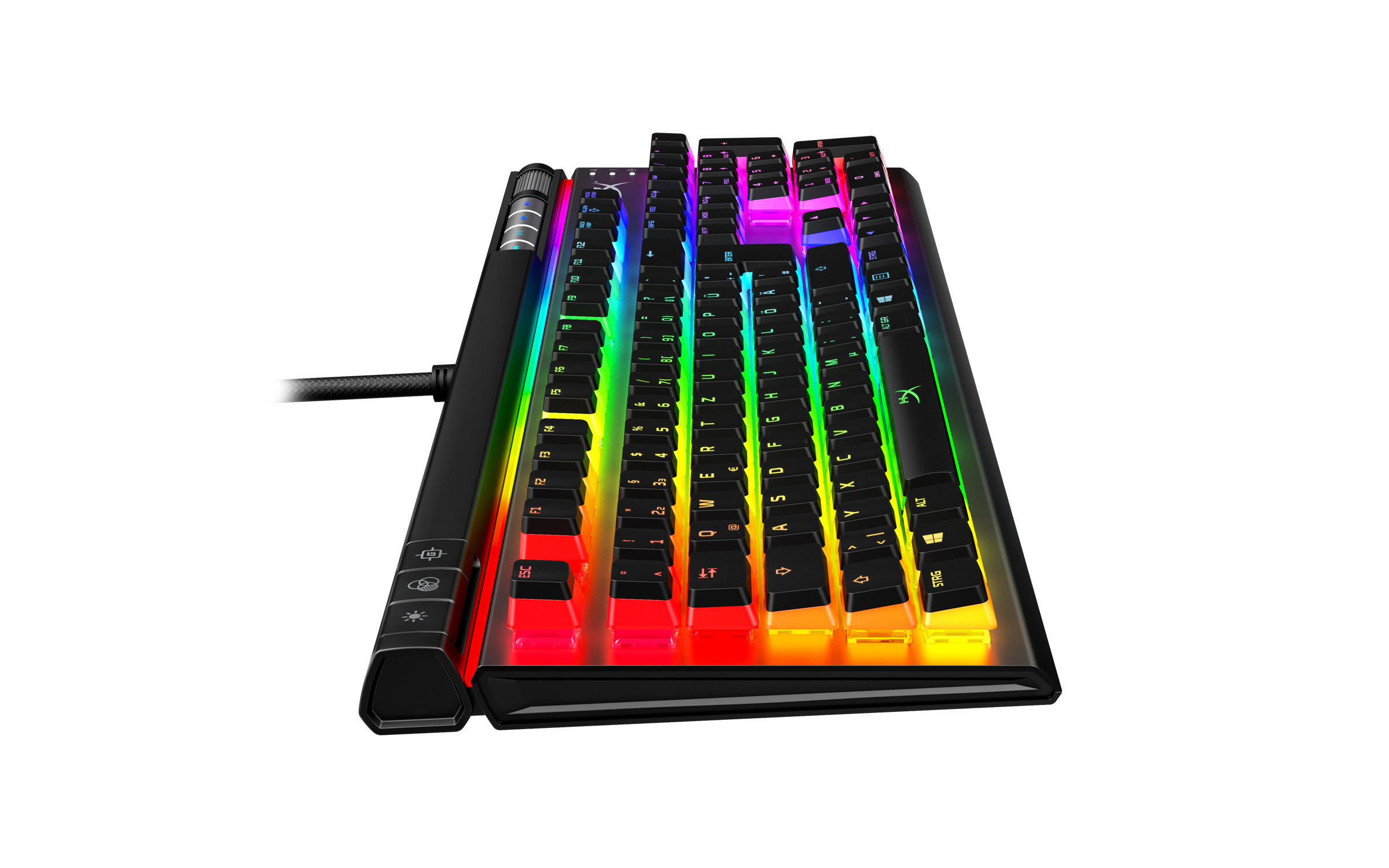 Eine Tastatur, die mit mehreren Farben beleuchtet wird, schwarze und bunte Tasten.