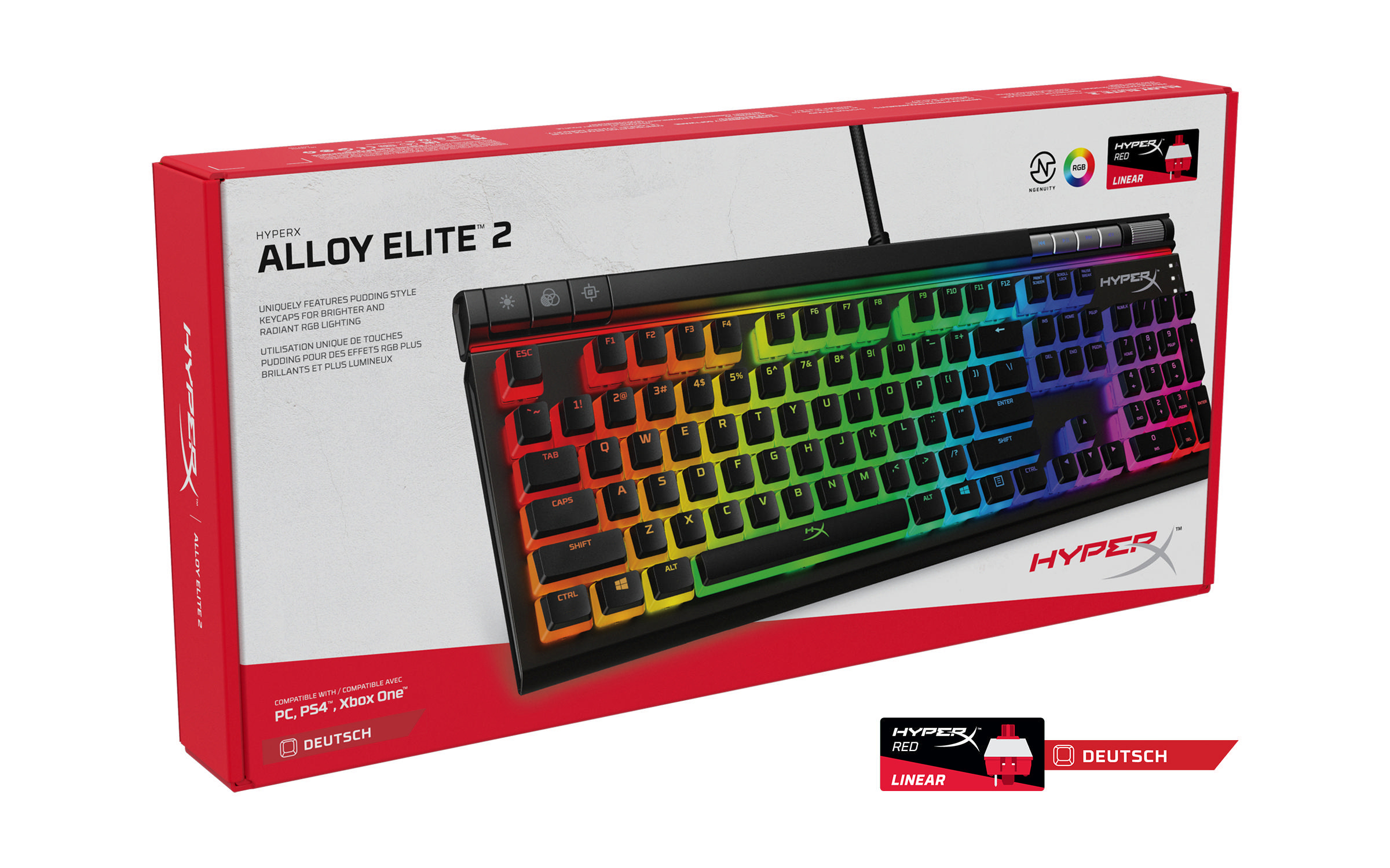 Schwarze Tastatur mit Regenbogen-Tasten, rote Box. Marke ist HyperX Alloy Elite 2.