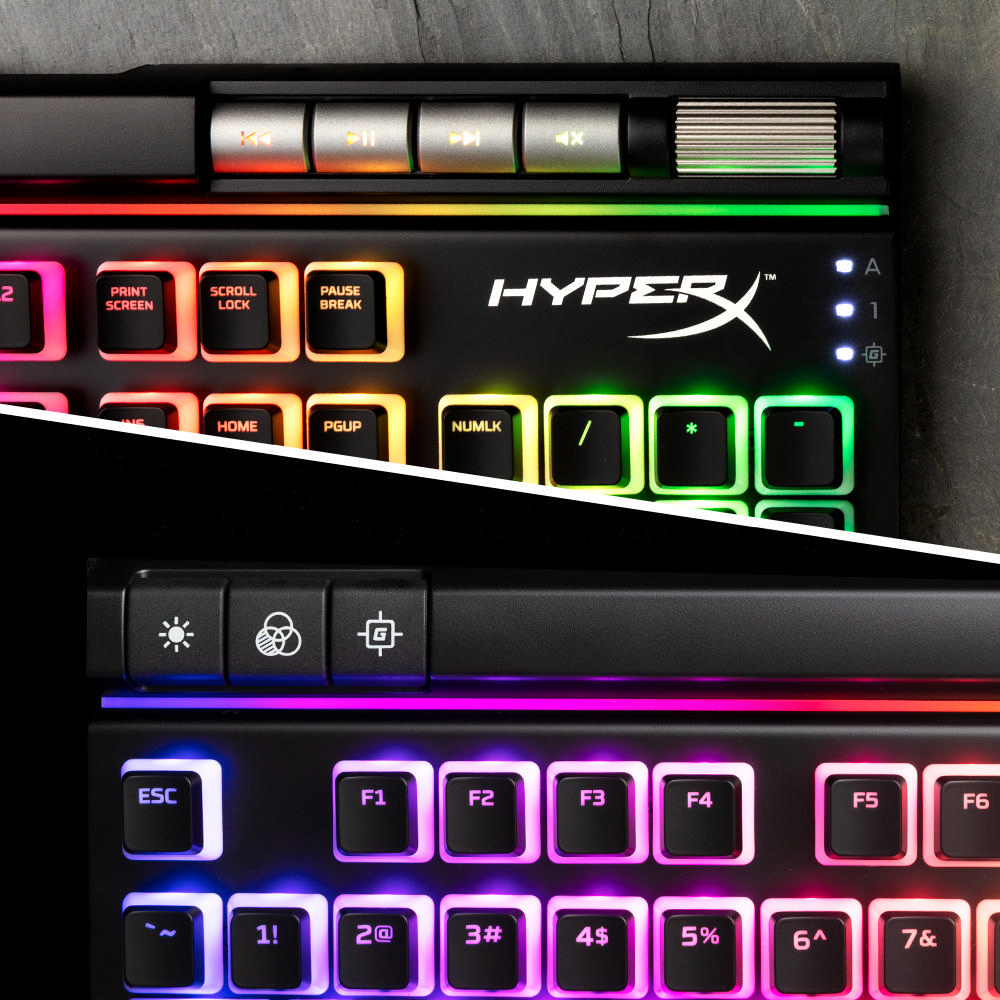 Nahaufnahme einer schwarzen Gaming-Tastatur mit beleuchteten Tasten.