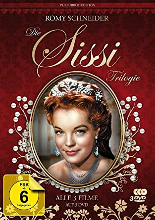 DVD-Cover: Die Sissi Trilogie. Romy Schneider, Portrait. Roter Hintergrund, goldener Rahmen.