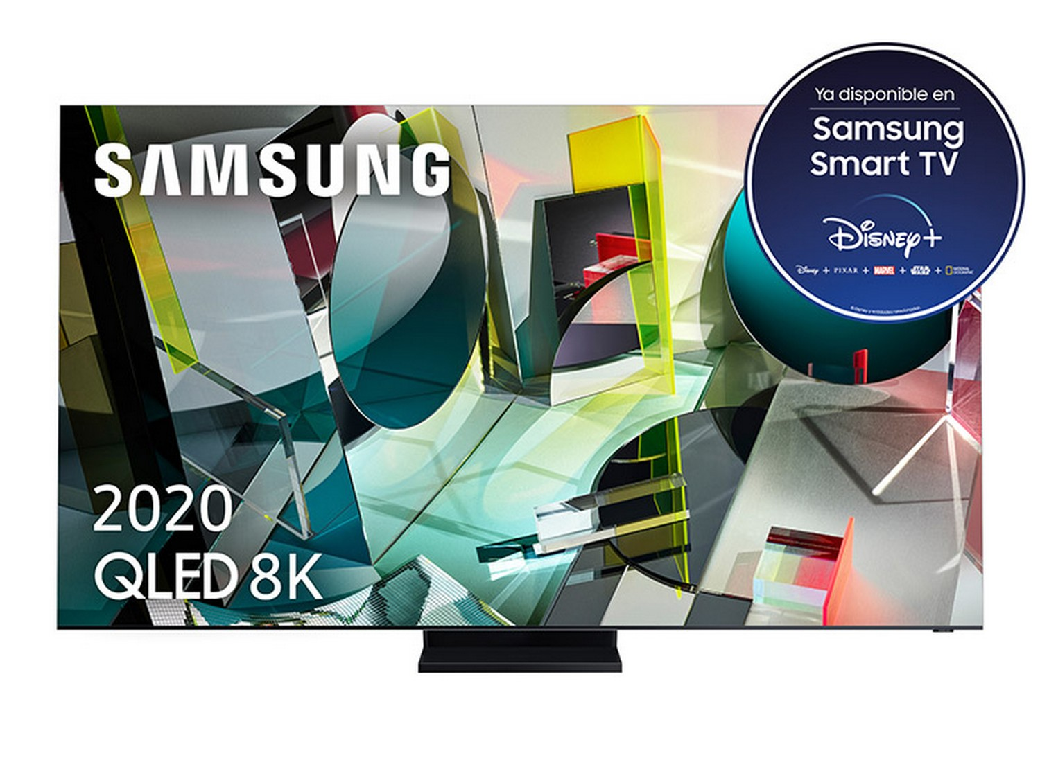 Smart TV Samsung 2020 QLED 8K con logo Disney+ y Samsung Smart TV.