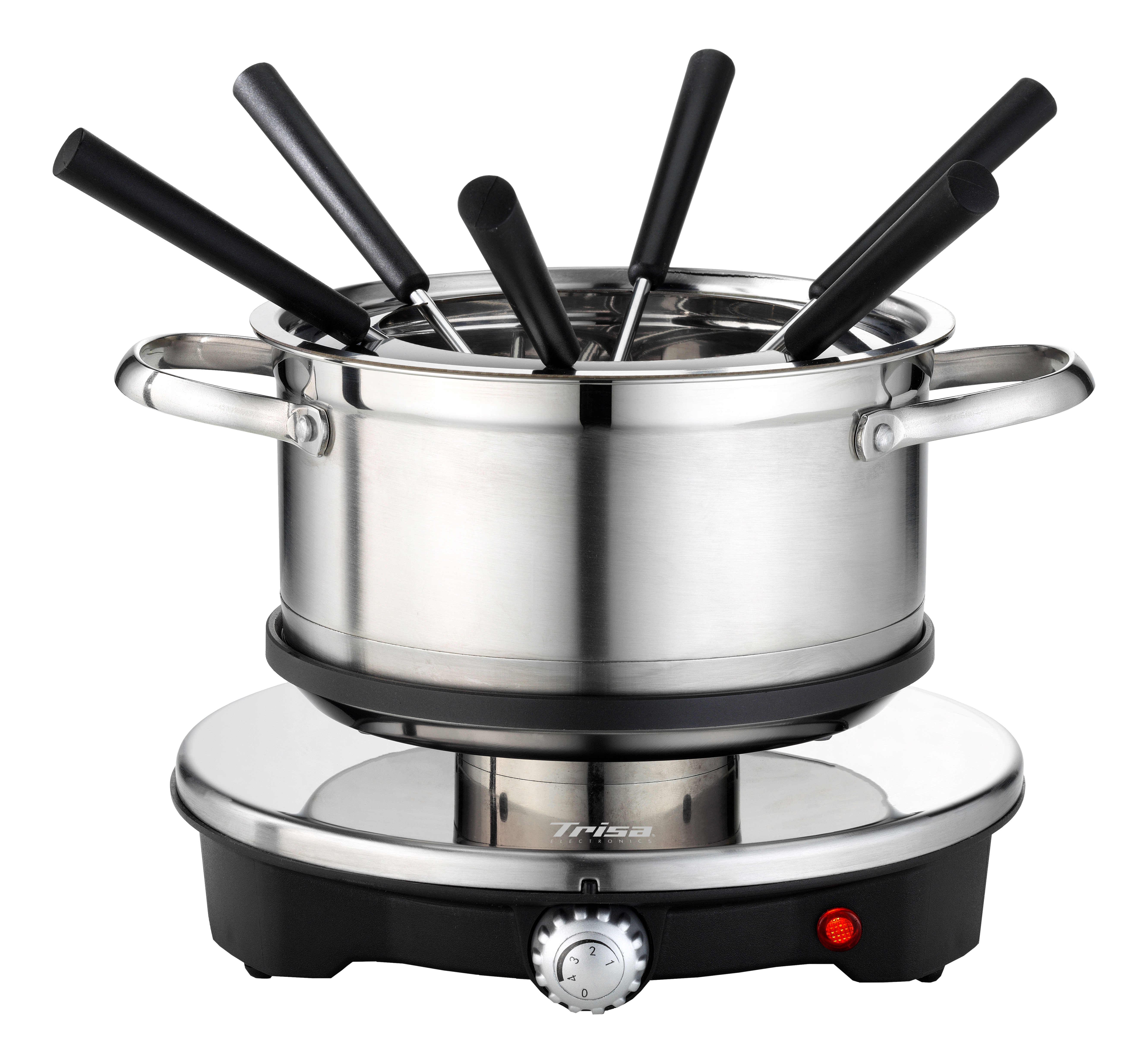 Fondue-Set aus Edelstahl mit schwarzen Griffen. Das Set beinhaltet einen Topf, einen Brenner und Gabeln.